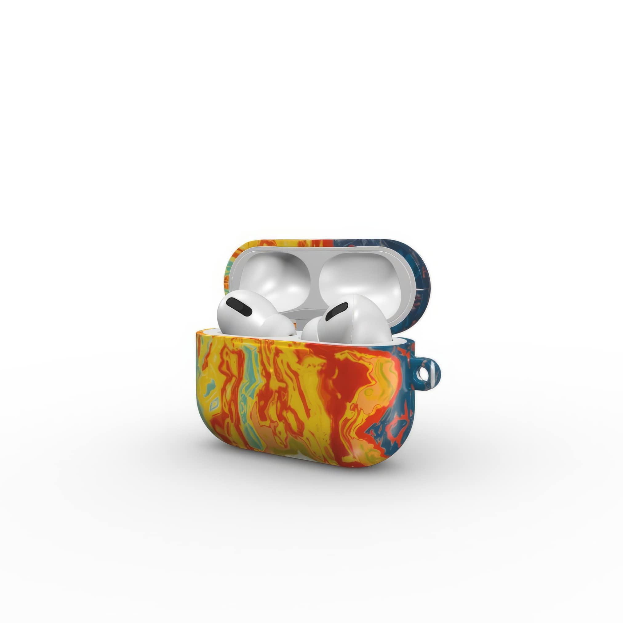 AirPods Pro tough case with a bold vivid pattern in marble abstract and artistic style, featuring an elegant and expressive aesthetic design. Main colors are navy deep blue, rich yellow, red and marine blue. Side open view.