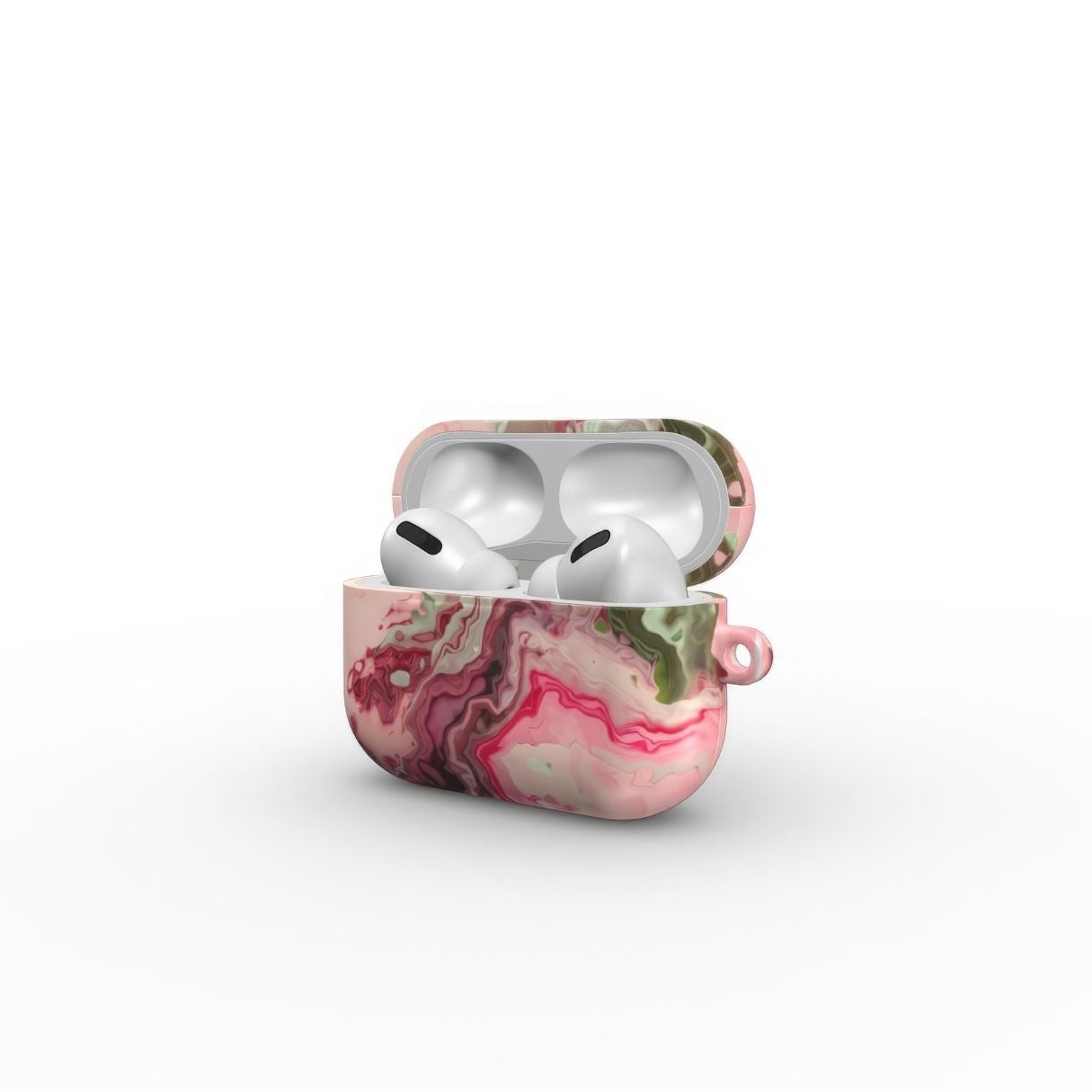 AirPods Pro tough case side view; Like Flamingo pattern, artistic, abstract marble pattern. Pink and green color combination. Bold expressive aesthetic design. Colorful and interior fit. Elegant.