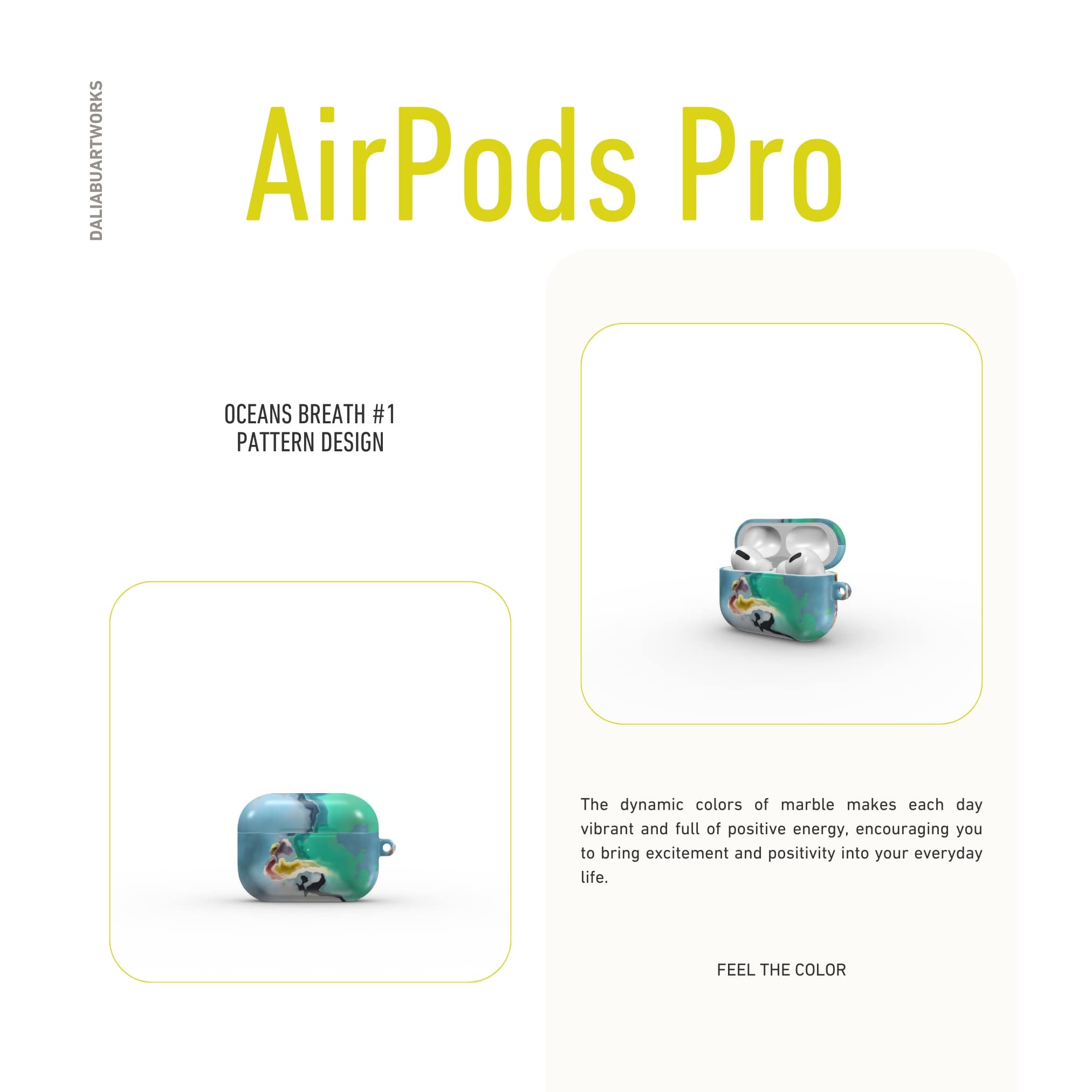 AirPods Pro tough case description; Oceans Breath 1 pattern, artistic, abstract marble pattern. Green and blue color combination. Bold expressive aesthetic design. Colorful and interior fit. Elegant.
