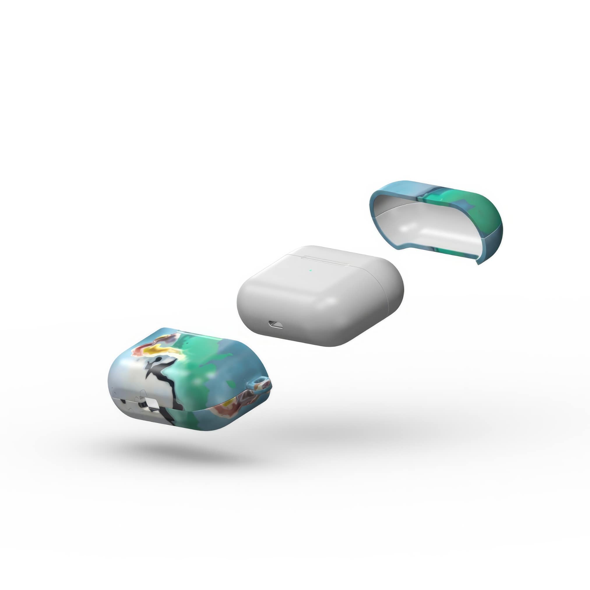 AirPods Pro tough case extend view; Oceans Breath 1 pattern, artistic, abstract marble pattern. Green and blue color combination. Bold expressive aesthetic design. Colorful and interior fit. Elegant.