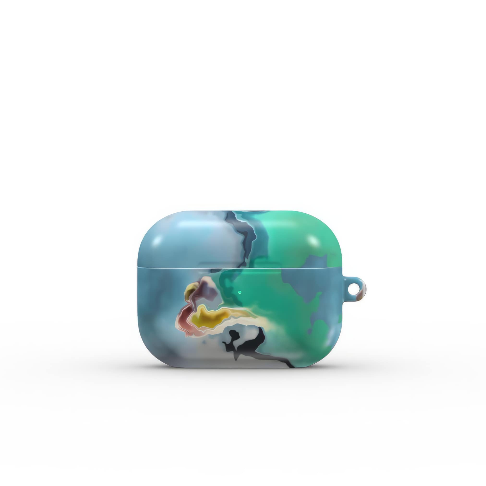 AirPods Pro tough case front view; Oceans Breath 1 pattern, artistic, abstract marble pattern. Green and blue color combination. Bold expressive aesthetic design. Colorful and interior fit. Elegant.