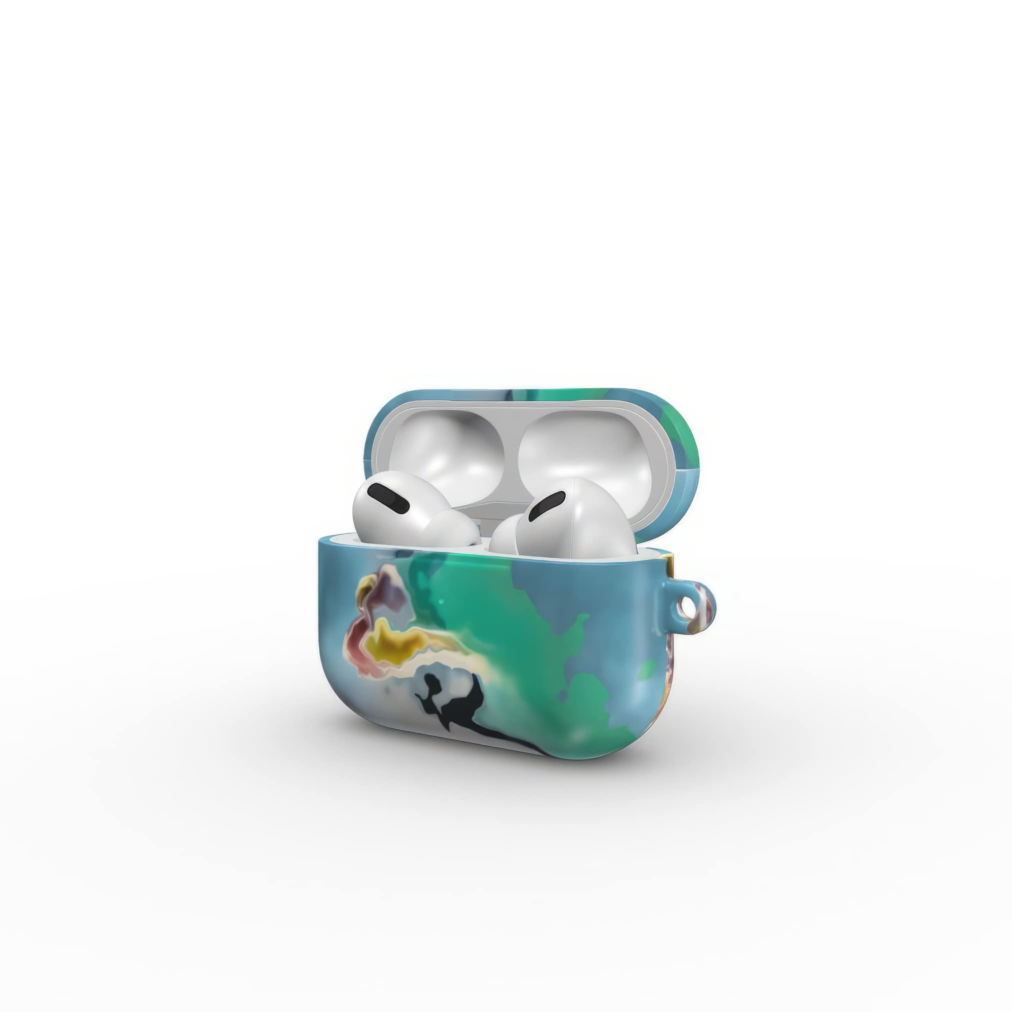 AirPods Pro tough case side view; Oceans Breath 1 pattern, artistic, abstract marble pattern. Green and blue color combination. Bold expressive aesthetic design. Colorful and interior fit. Elegant.