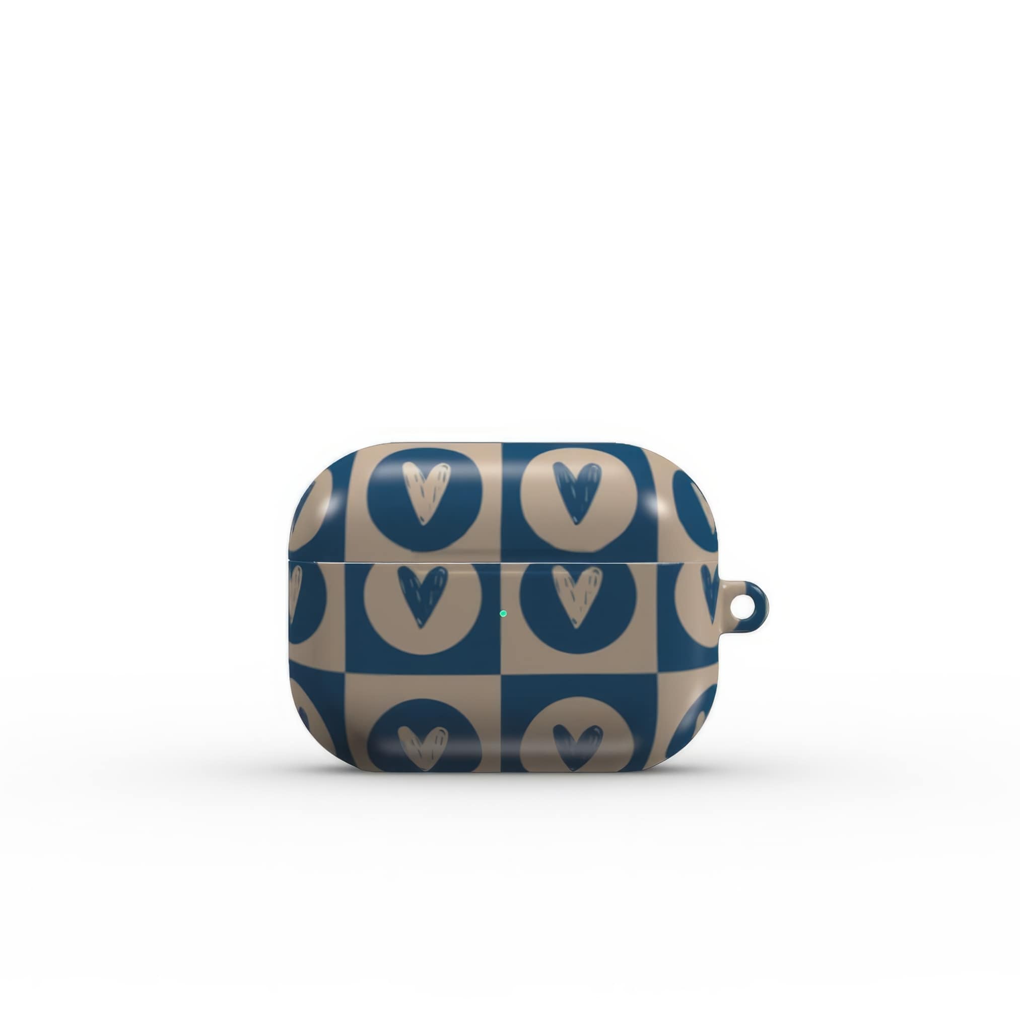 AirPods Pro case LovDot Blue pattern design with a dynamic geometric symmetry in heart and dot style, featuring an elegant and expressive aesthetic design. Main colors are steel blue and light brown. Front view.