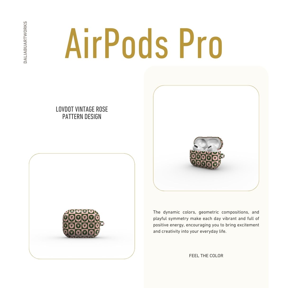 AirPods Pro case LovDot Vintage Rose pattern design with a dynamic geometric symmetry in heart and dot style, featuring an elegant and expressive aesthetic design. Main colors are vintage pink and green. Description.