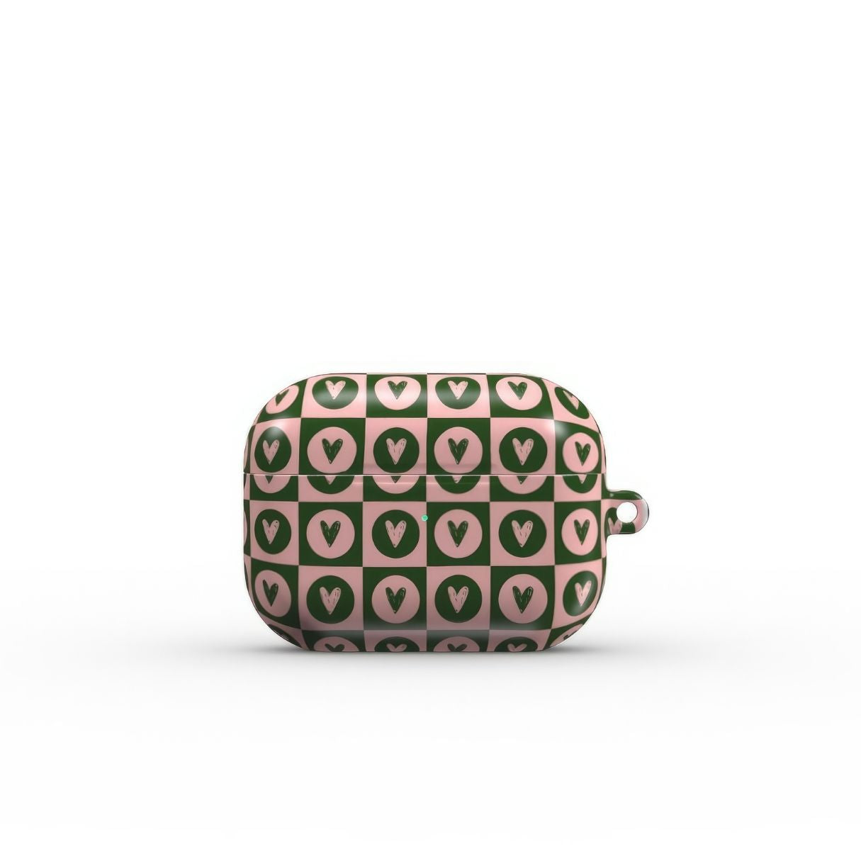 AirPods Pro case LovDot Vintage Rose pattern design with a dynamic geometric symmetry in heart and dot style, featuring an elegant and expressive aesthetic design. Main colors are vintage pink and green. Front view.