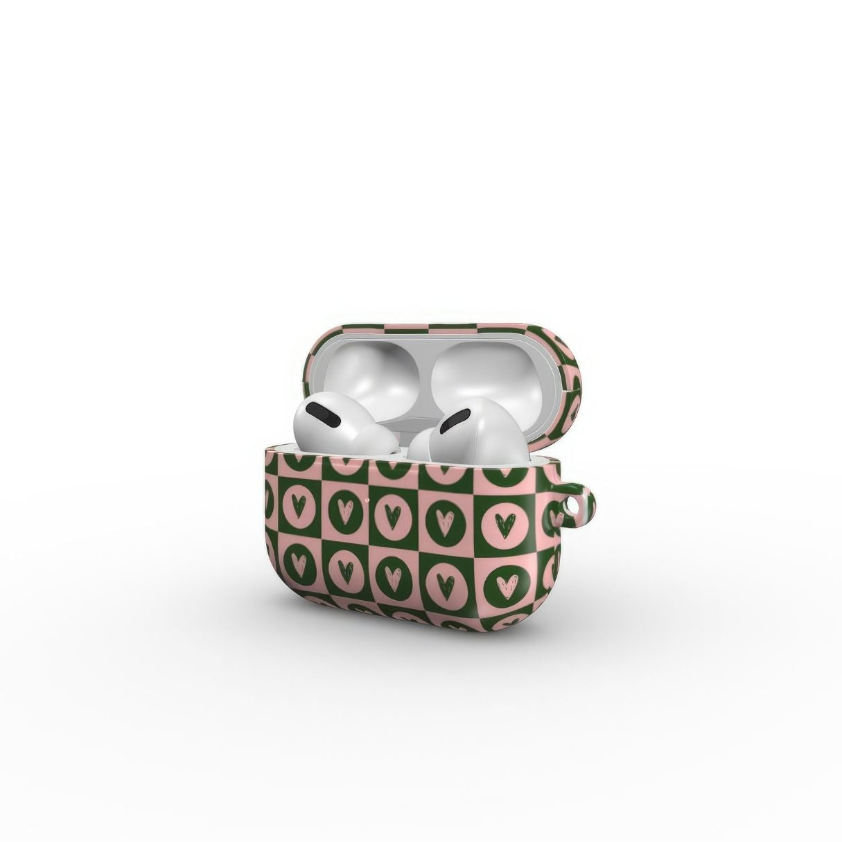 AirPods Pro case LovDot Vintage Rose pattern design with a dynamic geometric symmetry in heart and dot style, featuring an elegant and expressive aesthetic design. Main colors are vintage pink and green. Side open view.