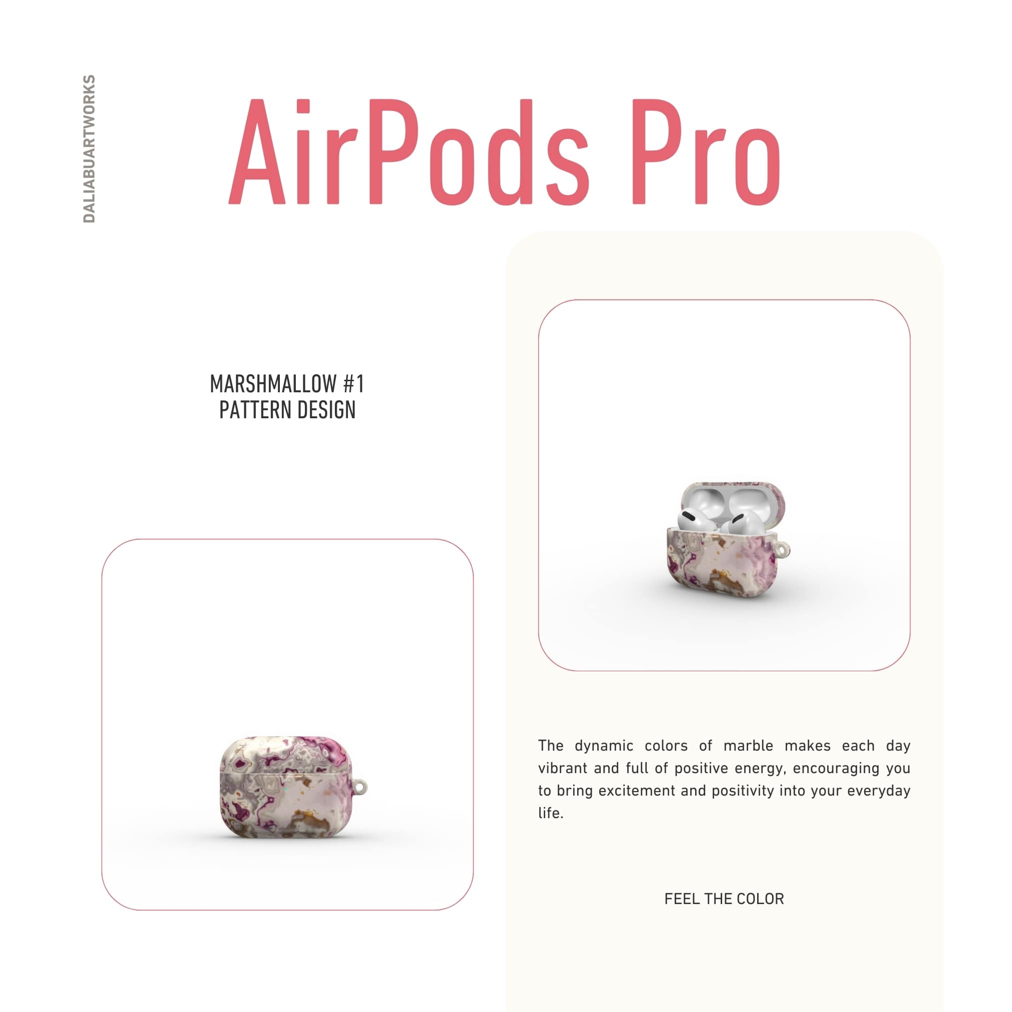 AirPods Pro tough case front view; Marshmallow 1 pattern, artistic, abstract marble pattern. Pink and beige color combination.