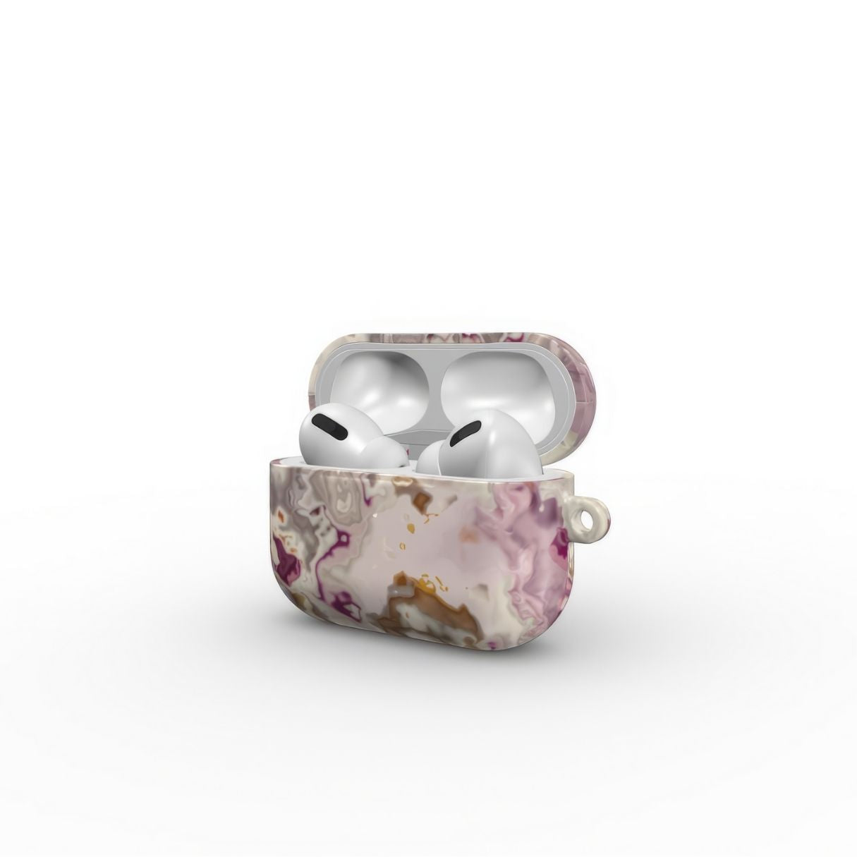 AirPods Pro tough case side open view; Marshmallow pattern, artistic, abstract marble pattern. Pink and beige color combination.