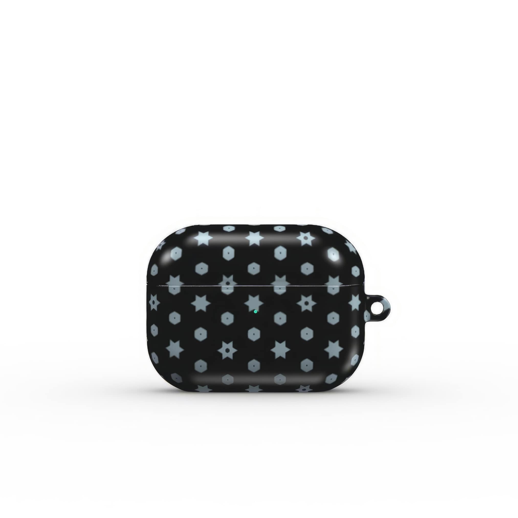 AirPods Pro case front view; midnight stars 1 pattern, ornamental pattern; kaleidoscope pattern imagination. Bold expressive aesthetic design. Colorful and interior fit.