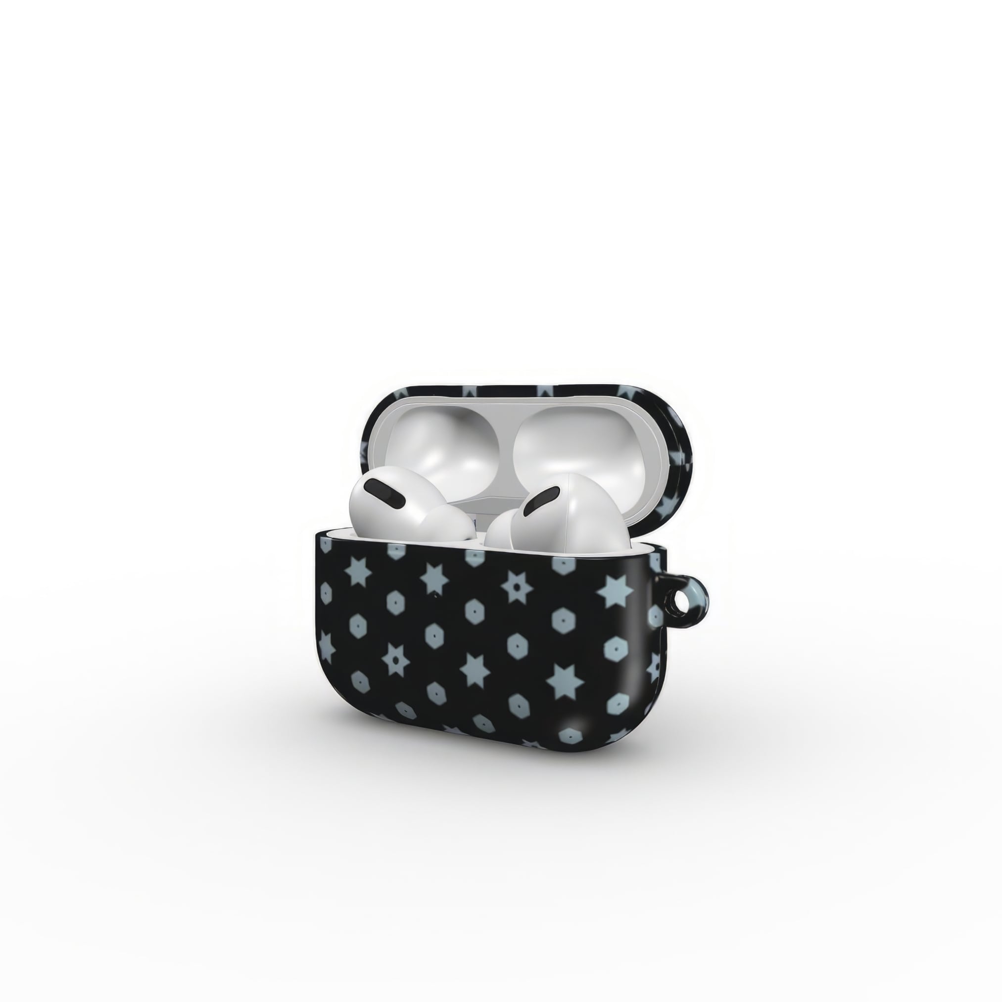 AirPods Pro case side open view; midnight stars 1 pattern, ornamental pattern; kaleidoscope pattern imagination.