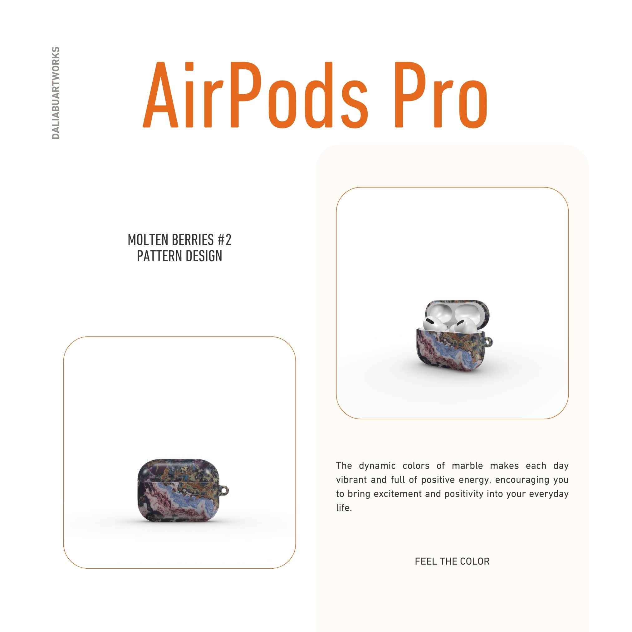 AirPods Pro tough case front view; Molten Berries 2 pattern, artistic, abstract marble pattern. Deep. purple color.