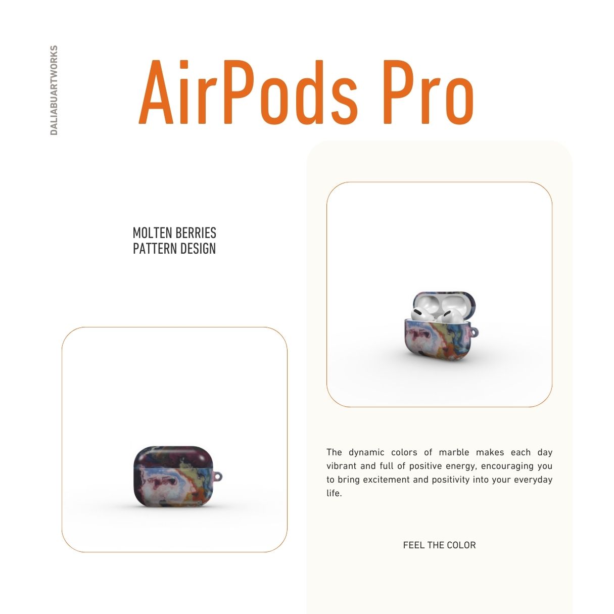 AirPods Pro tough case front view; Molten Berries pattern, artistic, abstract marble pattern. Deep. purple color. Bold expressive aesthetic design. Colorful and interior fit. Elegant.