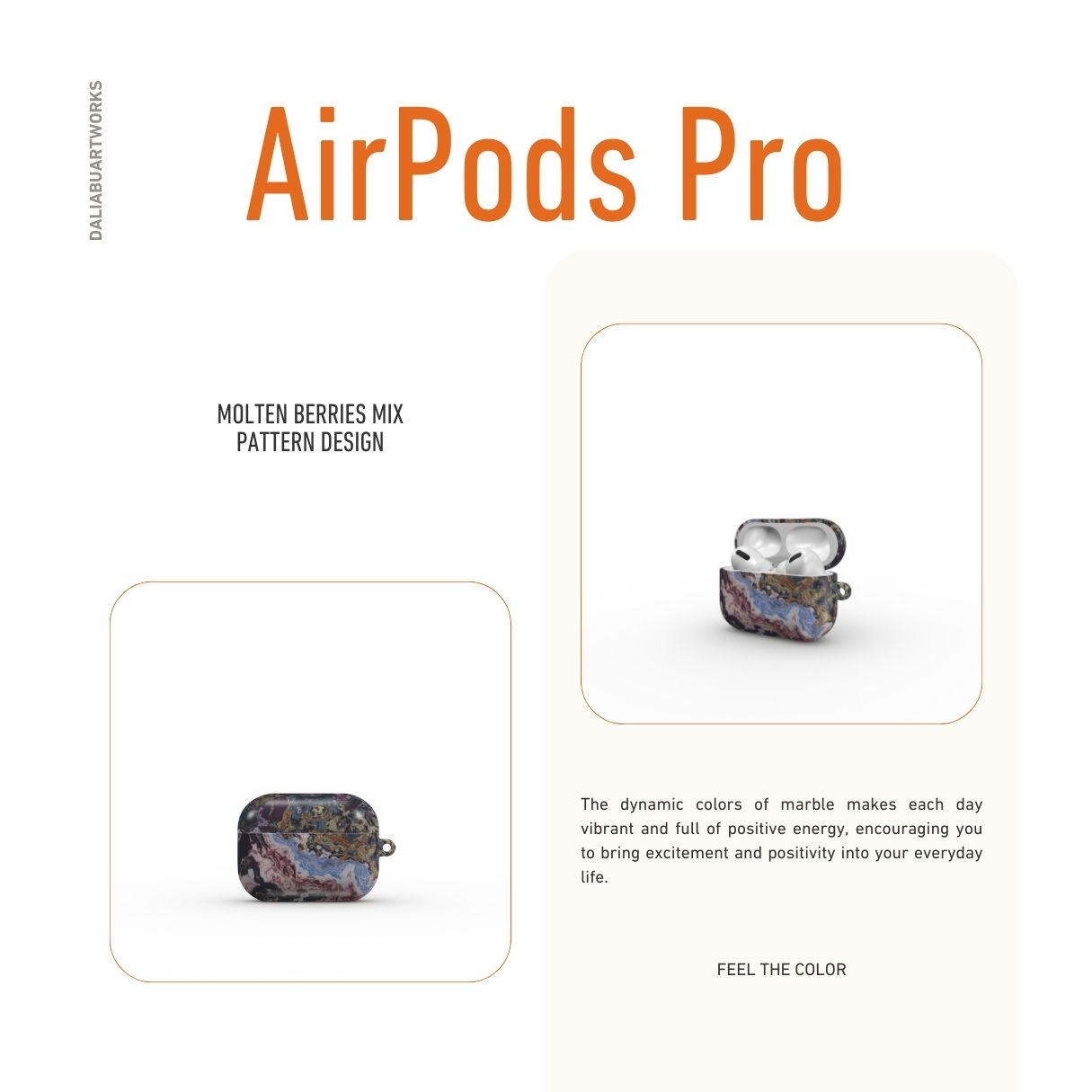 AirPods Pro tough case front view; Molten Berries Mix pattern, artistic, abstract marble pattern. Deep. purple color. Bold expressive aesthetic design. Colorful and interior fit. Elegant.