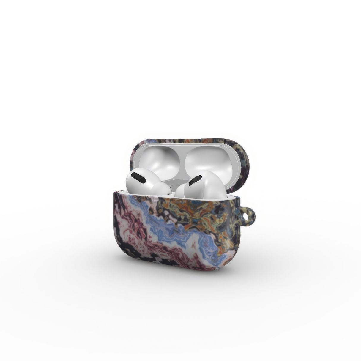 AirPods Pro tough case side view; Molten Berries Mix pattern, artistic, abstract marble pattern. Deep. purple color. Bold expressive aesthetic design. Colorful and interior fit. Elegant.