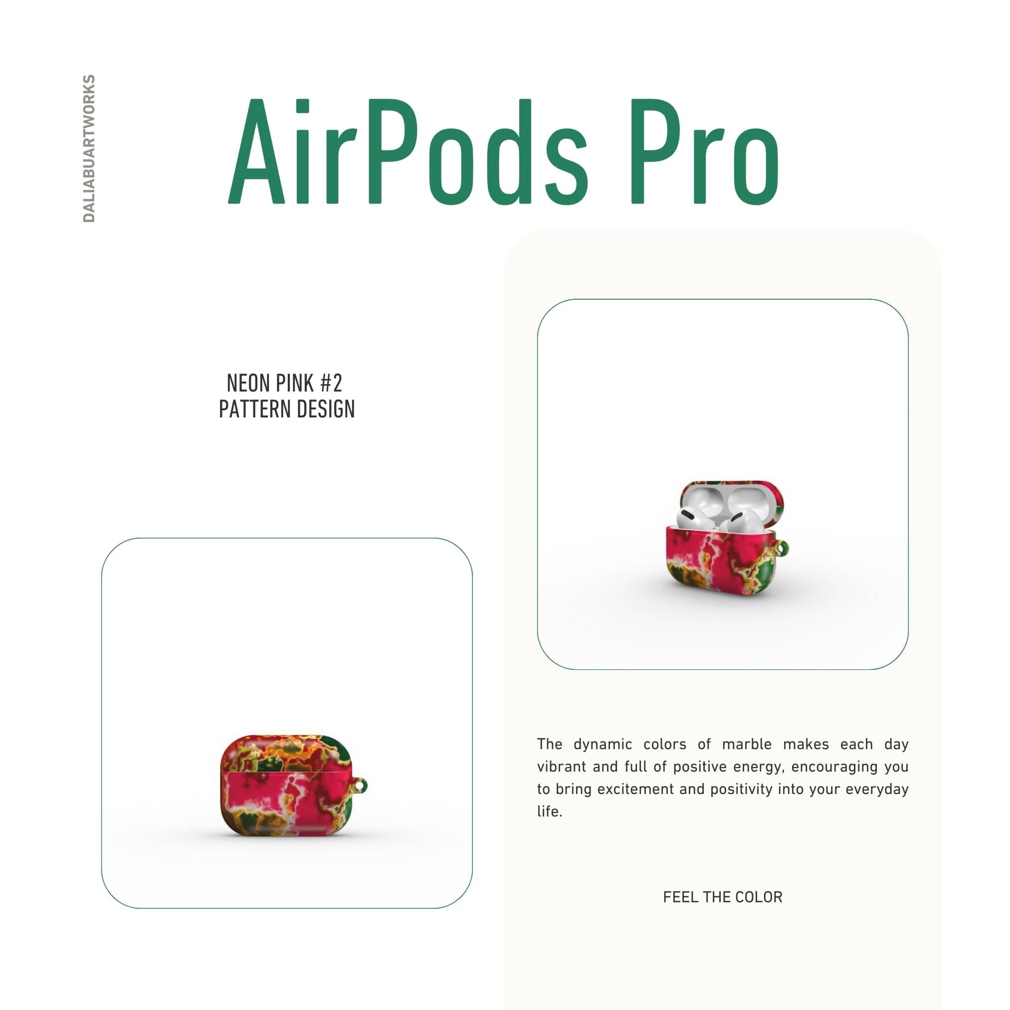 AirPods Pro tough phone case front view; Neon Pink 2 pattern, artistic, abstract marble pattern. Pink and green color combination.