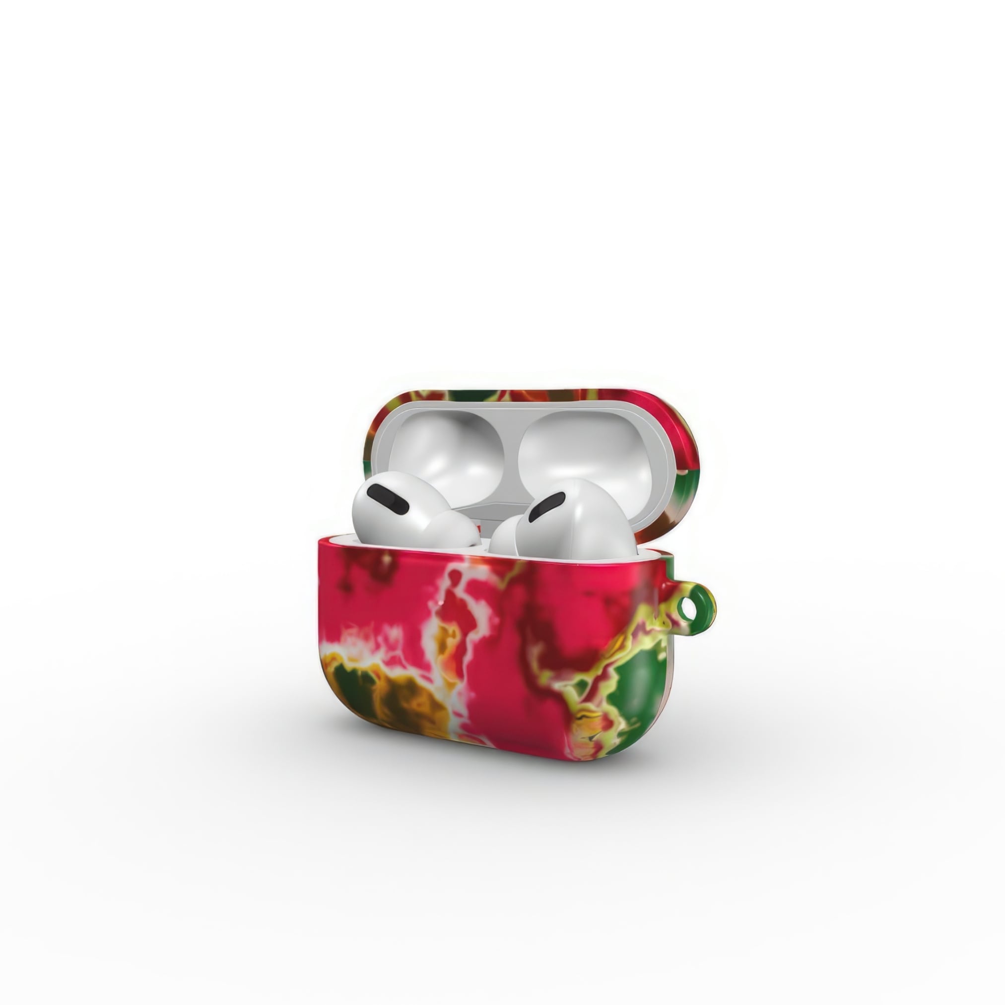 AirPods Pro tough phone case side open view; Neon Pink 2 pattern, artistic, abstract marble pattern. Pink and green color combination.