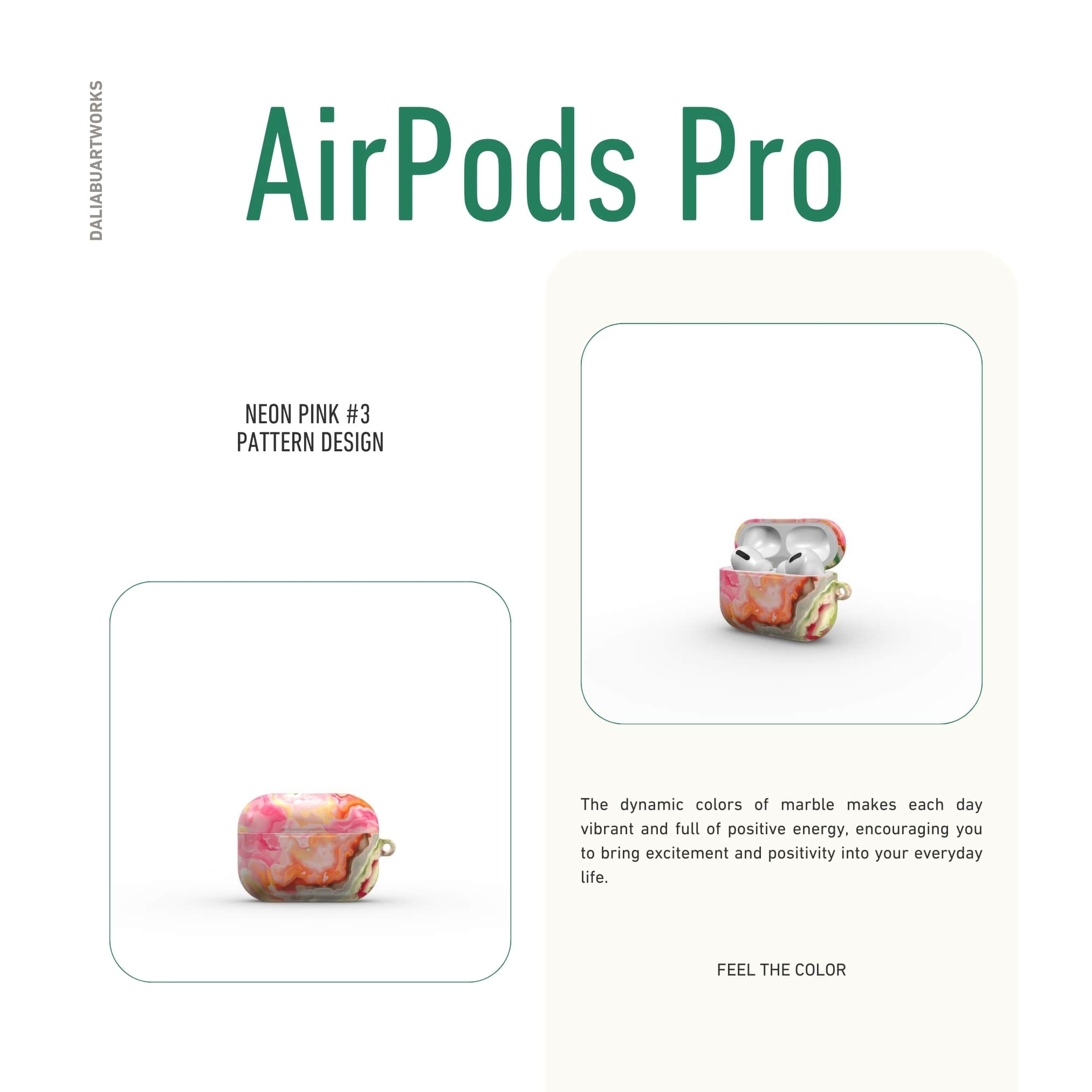 AirPods Pro tough case front view; Neon Pink 3 pattern, artistic, abstract marble pattern. Light pink and green color combination.