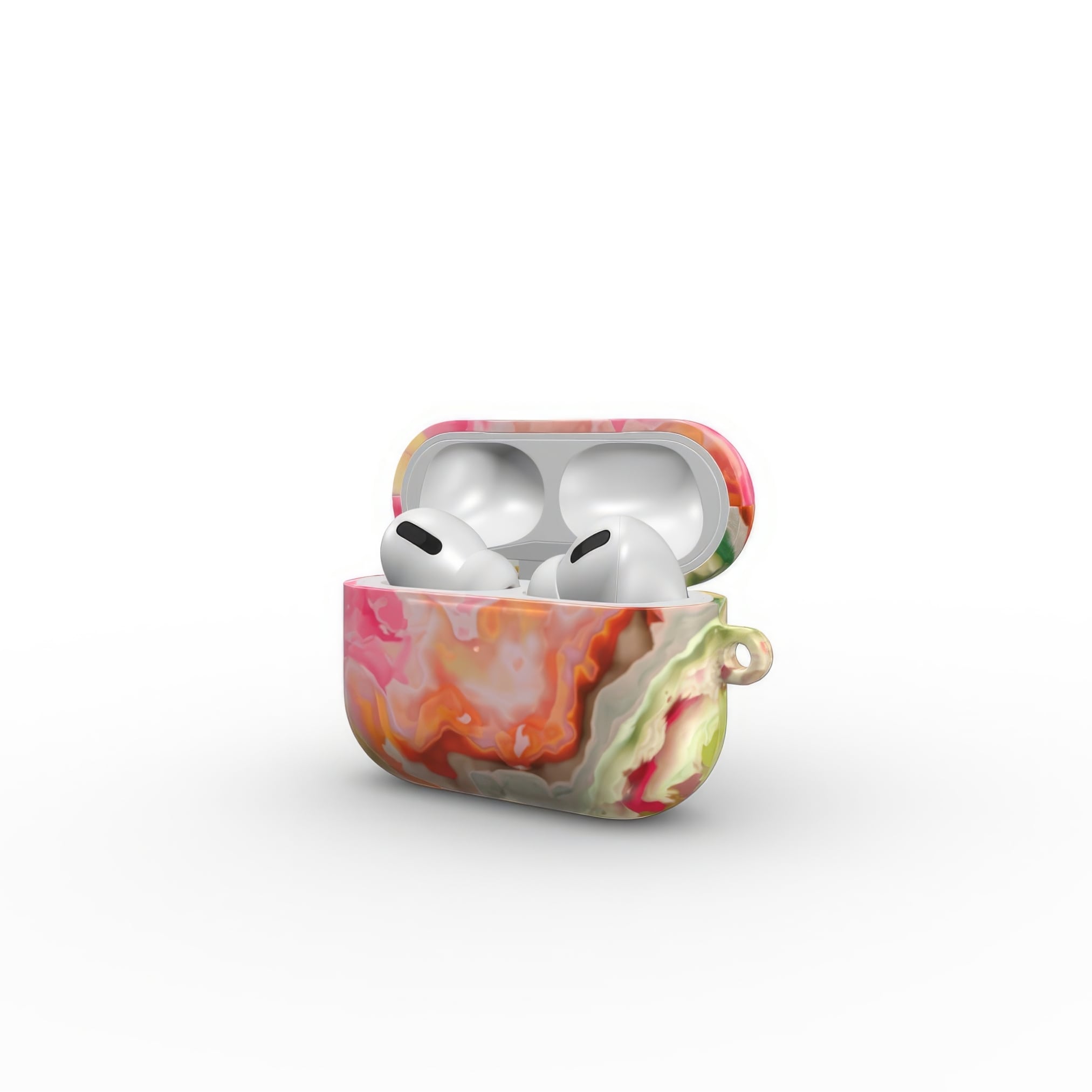 AirPods Pro tough case side open view; Neon Pink 3 pattern, artistic, abstract marble pattern. Light pink and green color combination.