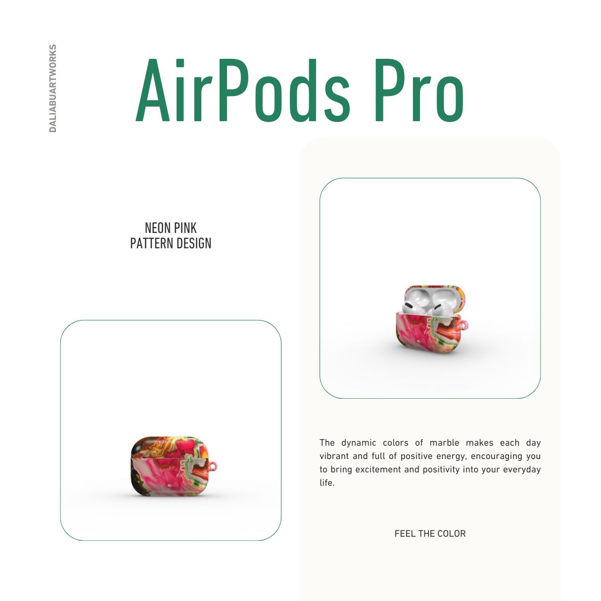 AirPods Pro tough case front view; Neon Pink pattern, artistic, abstract marble pattern. Pink and green color combination.