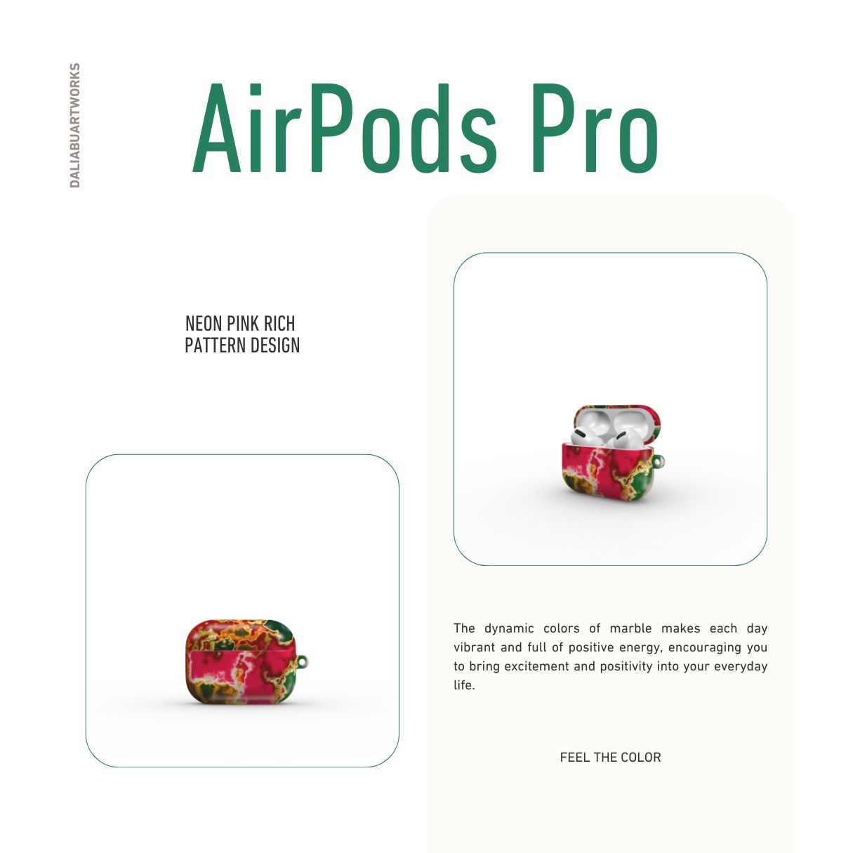 AirPods Pro tough phone case front view; Neon Pink Rich pattern, artistic, abstract marble pattern. Pink and green color combination.
