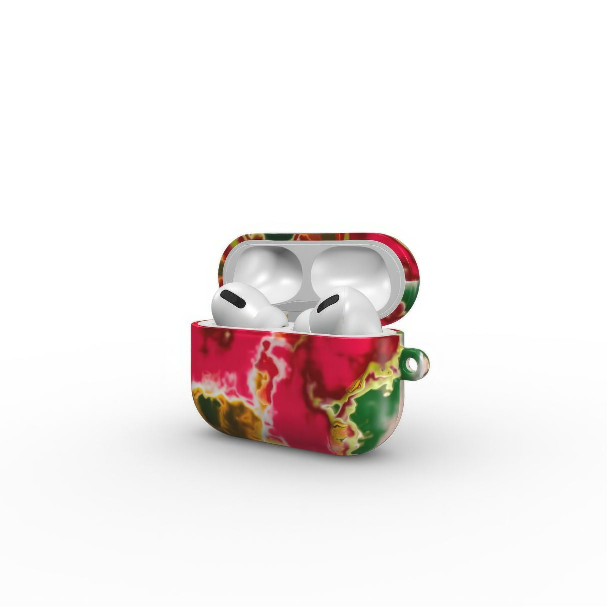AirPods Pro tough phone case side open view; Neon Pink Rich pattern, artistic, abstract marble pattern. Pink and green color combination.