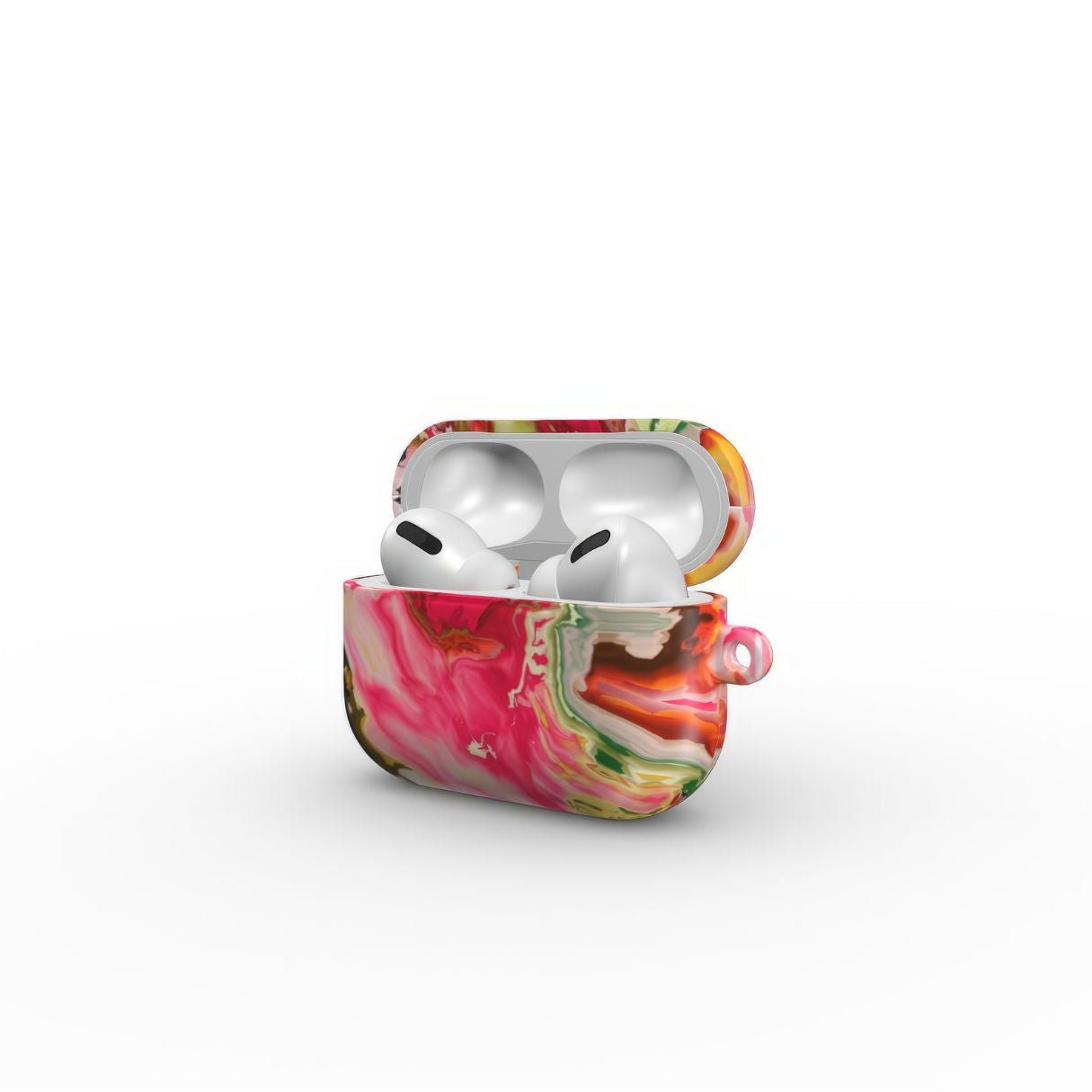 AirPods Pro tough case side open view; Neon Pink pattern, artistic, abstract marble pattern. Pink and green color combination.