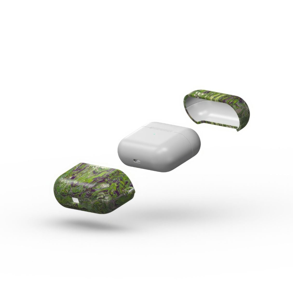 AirPods Pro case with a bold vivid pattern Olive Smash abstract and artistic style, featuring an elegant and expressive aesthetic design. Main colors are olive green and purple hues. Extend view.
