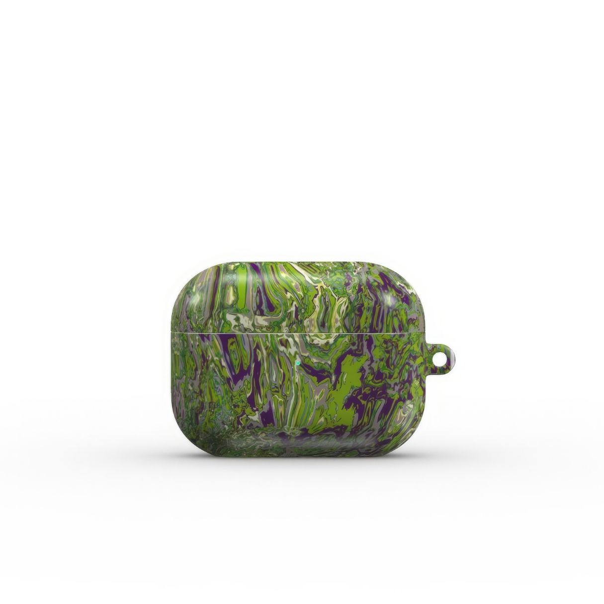 AirPods Pro case with a bold vivid pattern Olive Smash abstract and artistic style, featuring an elegant and expressive aesthetic design. Main colors are olive green and purple hues. Front closed view.