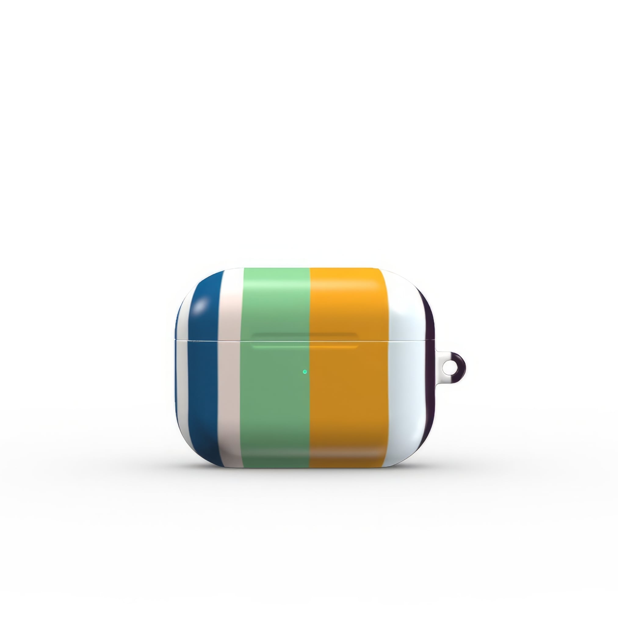 AirPods Pro case Parallel Flow 1 pattern with tiny color stripes, featuring an elegant and expressive aesthetic design. Main colors are minty sage, powder pink, navy blue and orange. Front closed view.