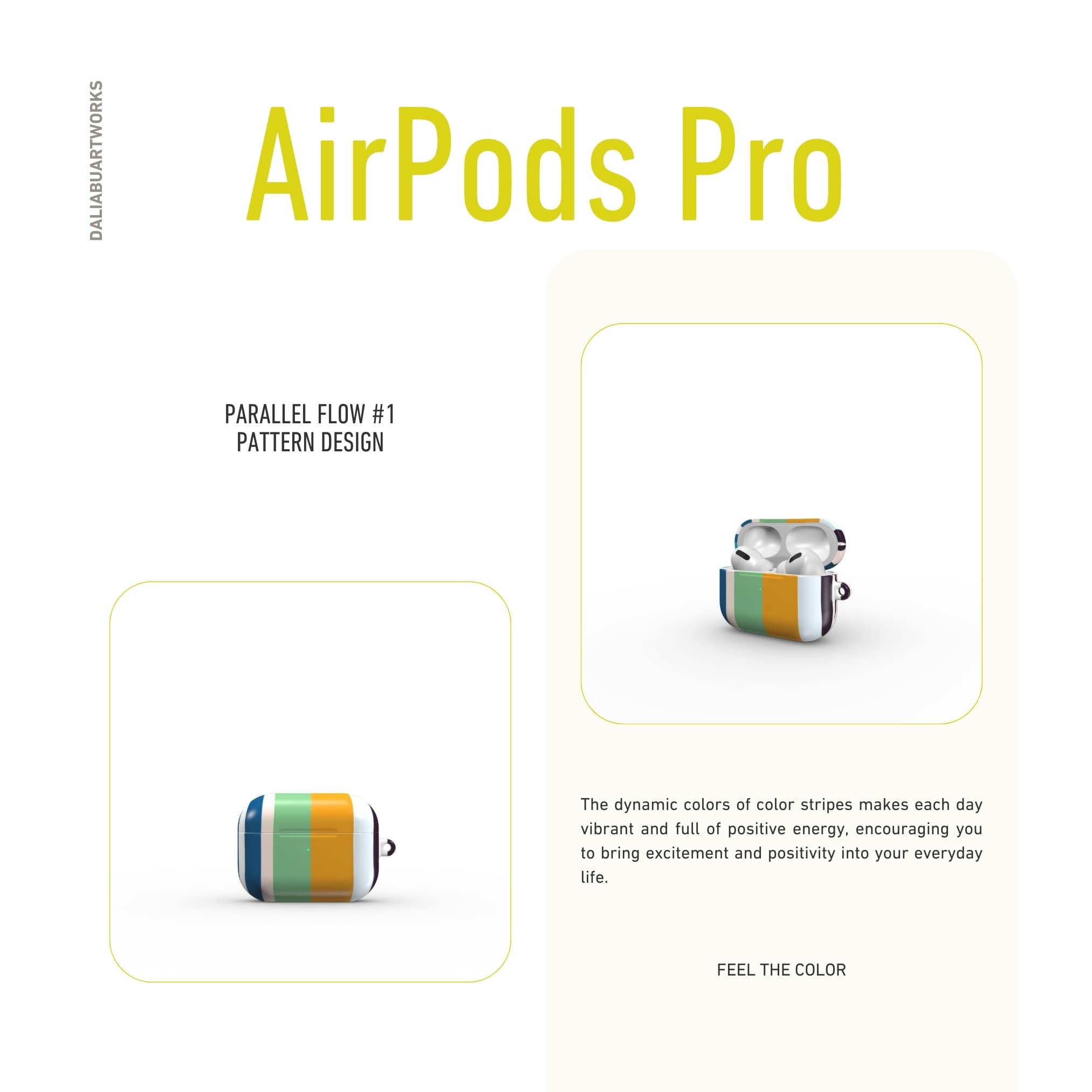 AirPods Pro case Parallel Flow 1 pattern with tiny color stripes, featuring an elegant and expressive aesthetic design. Main colors are minty sage, powder pink, navy blue and orange. Front view.