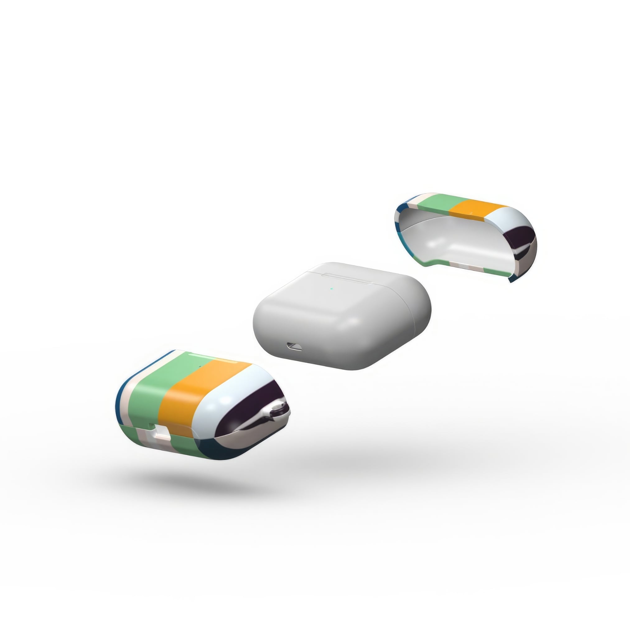 AirPods Pro case Parallel Flow 1 pattern with tiny color stripes, featuring an elegant and expressive aesthetic design. Main colors are minty sage, powder pink, navy blue and orange. Extend view.