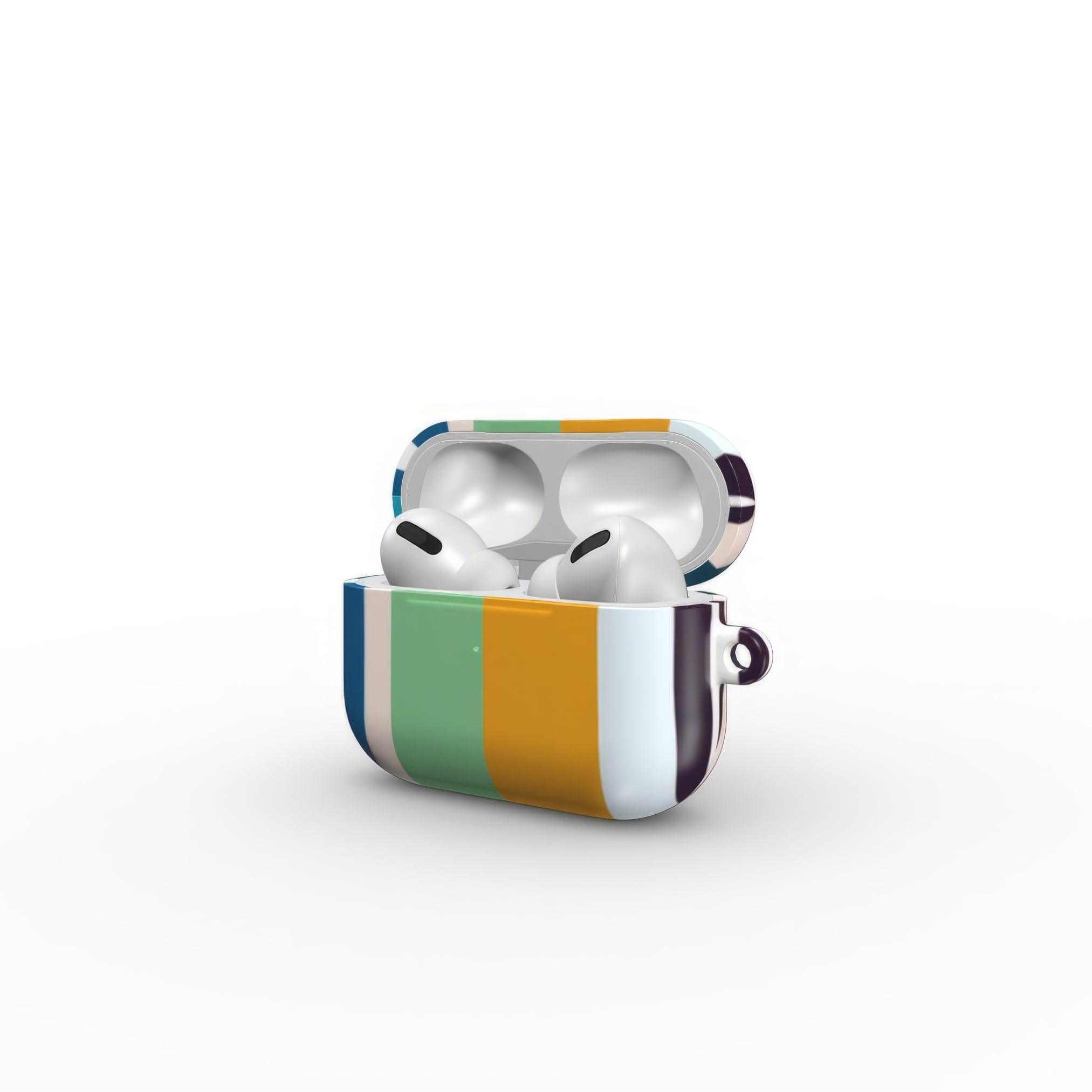 AirPods Pro case Parallel Flow 1 pattern with tiny color stripes, featuring an elegant and expressive aesthetic design. Main colors are minty sage, powder pink, navy blue and orange. Side open view.