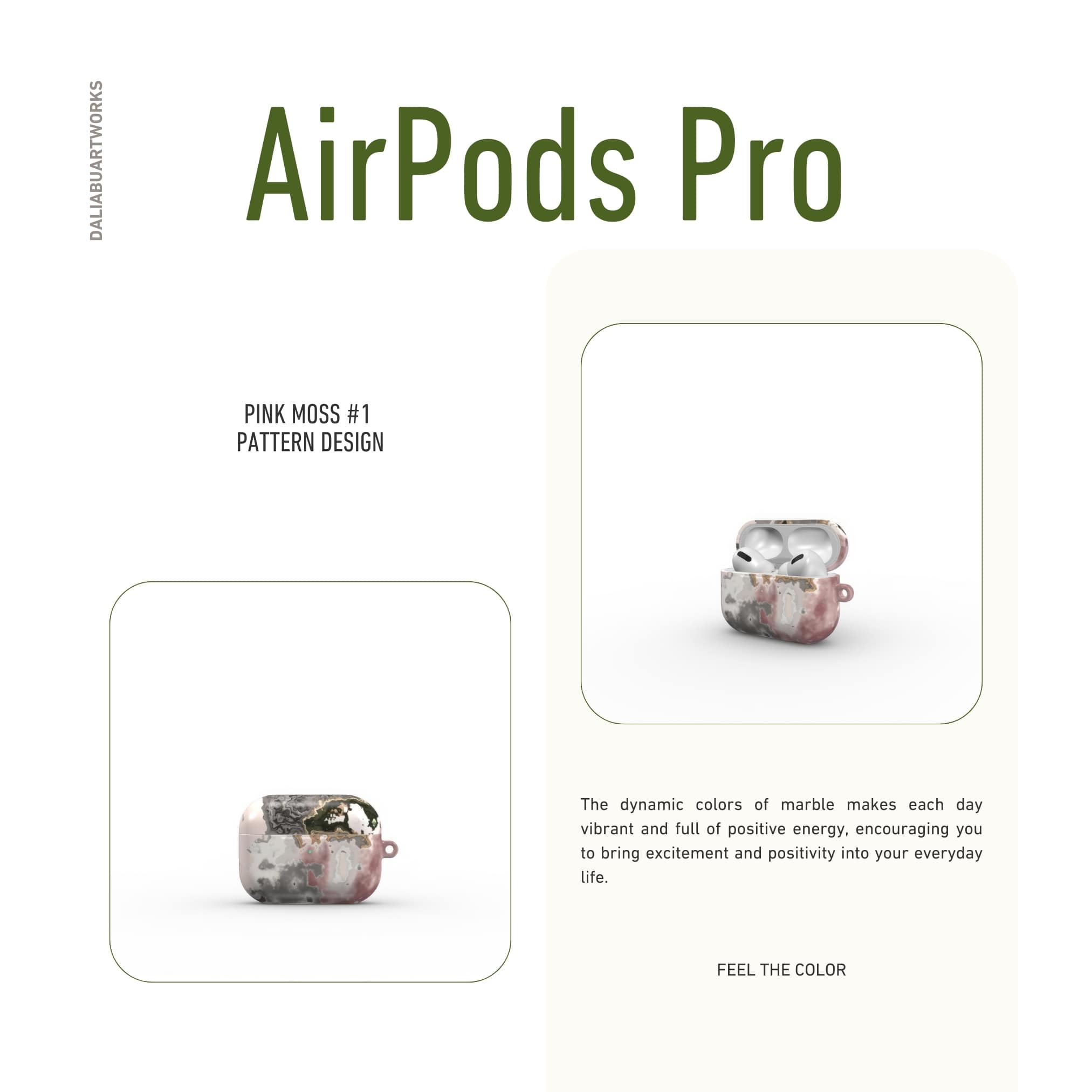 AirPods Pro tough case front view; Pink Moss 1 pattern, artistic, abstract marble pattern. Pink and Grey color combination.