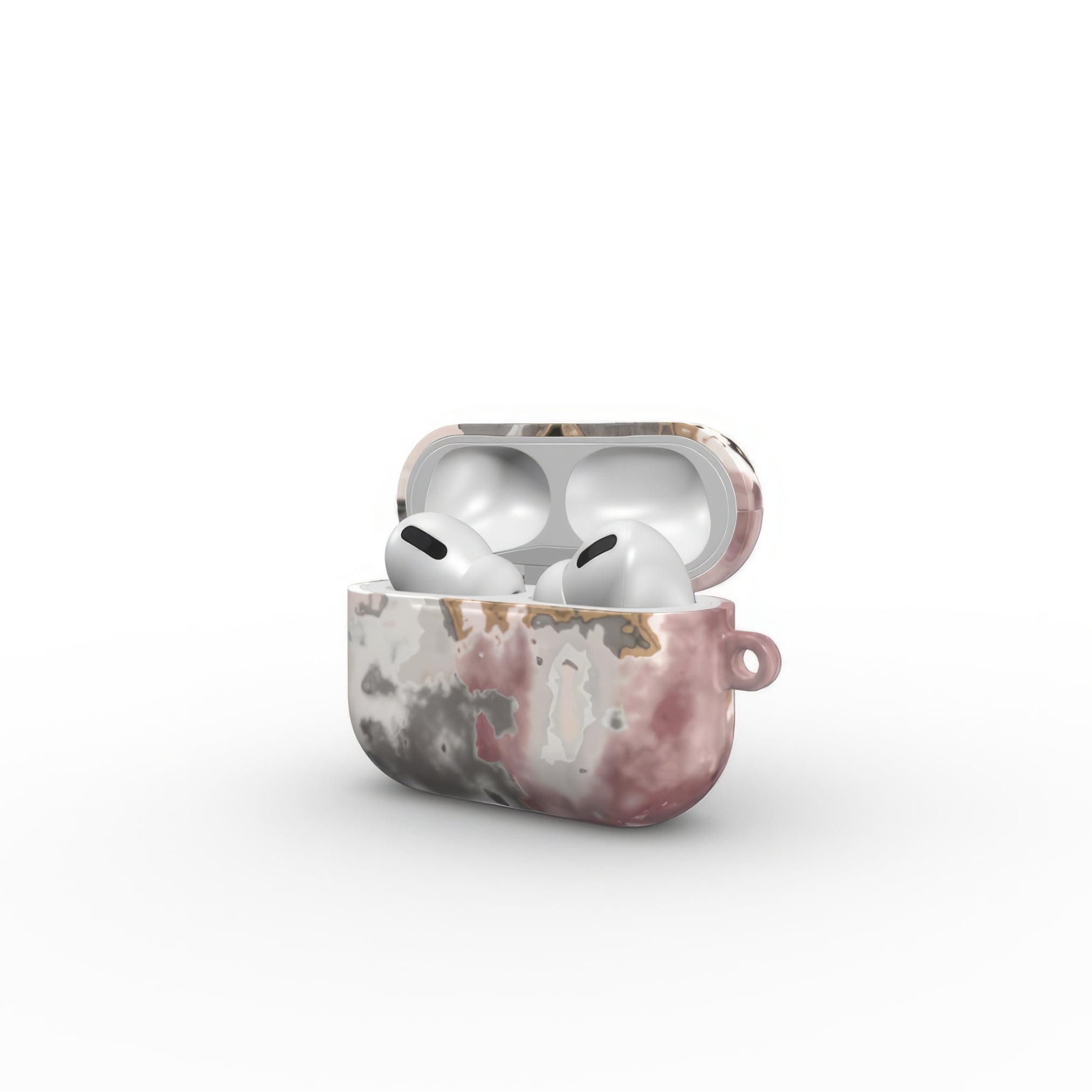 AirPods Pro tough case open side view; Pink Moss 1 pattern, artistic, abstract marble pattern. Pink and Grey color combination.