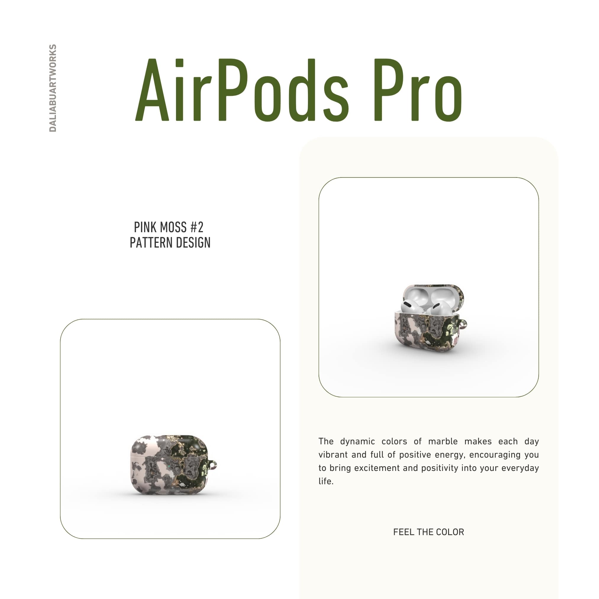 AirPods Pro case front closed view; Pink Moss 2 pattern, artistic, abstract marble pattern. Pink and grey color combination.
