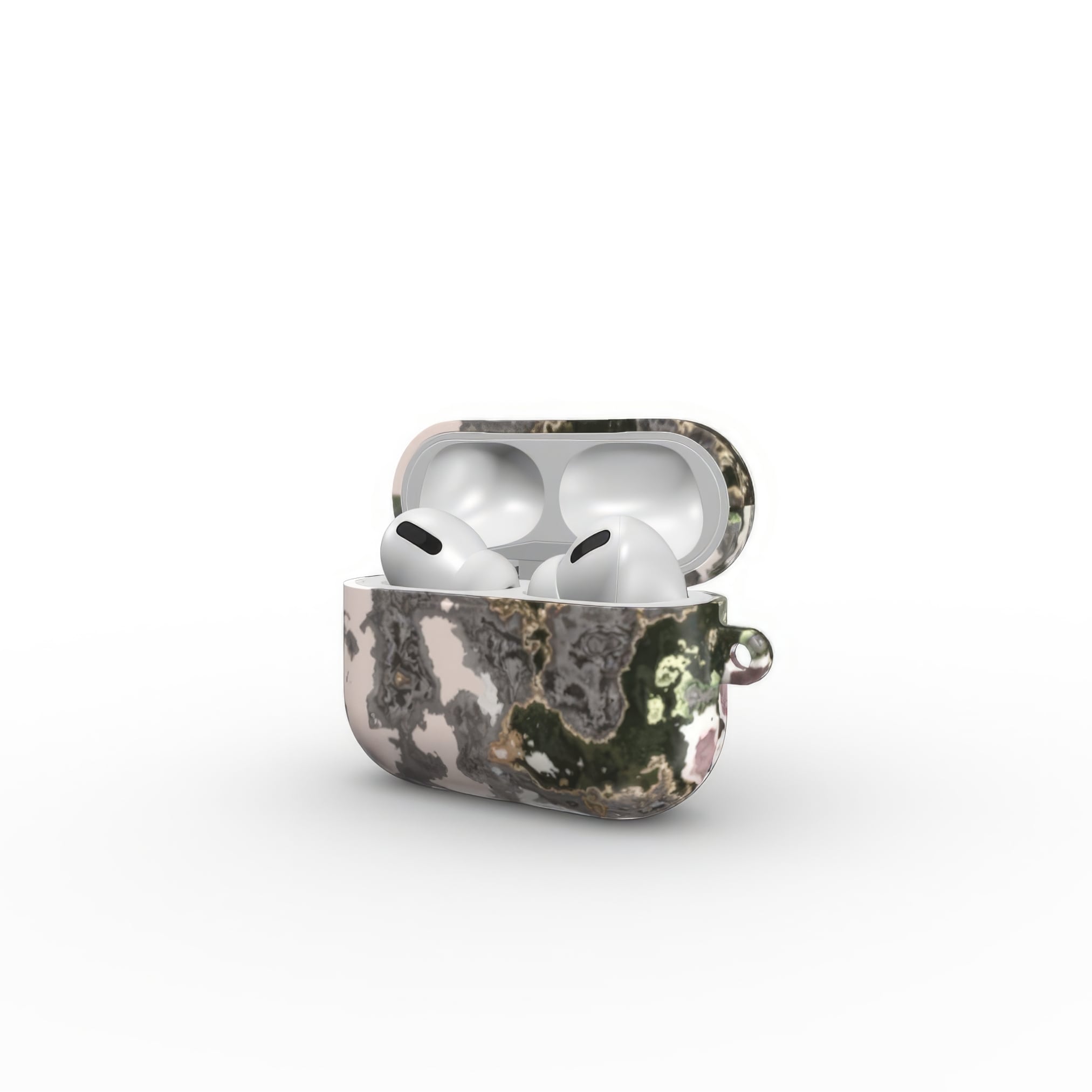 AirPods Pro case side open view; Pink Moss 2 pattern, artistic, abstract marble pattern. Pink and grey color combination.