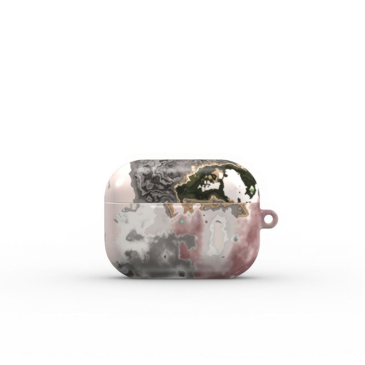 AirPods Pro tough case front view; Pink Moss pattern, artistic, abstract marble pattern. Pink and Grey color combination. Bold expressive aesthetic design. Colorful and interior fit. Elegant.