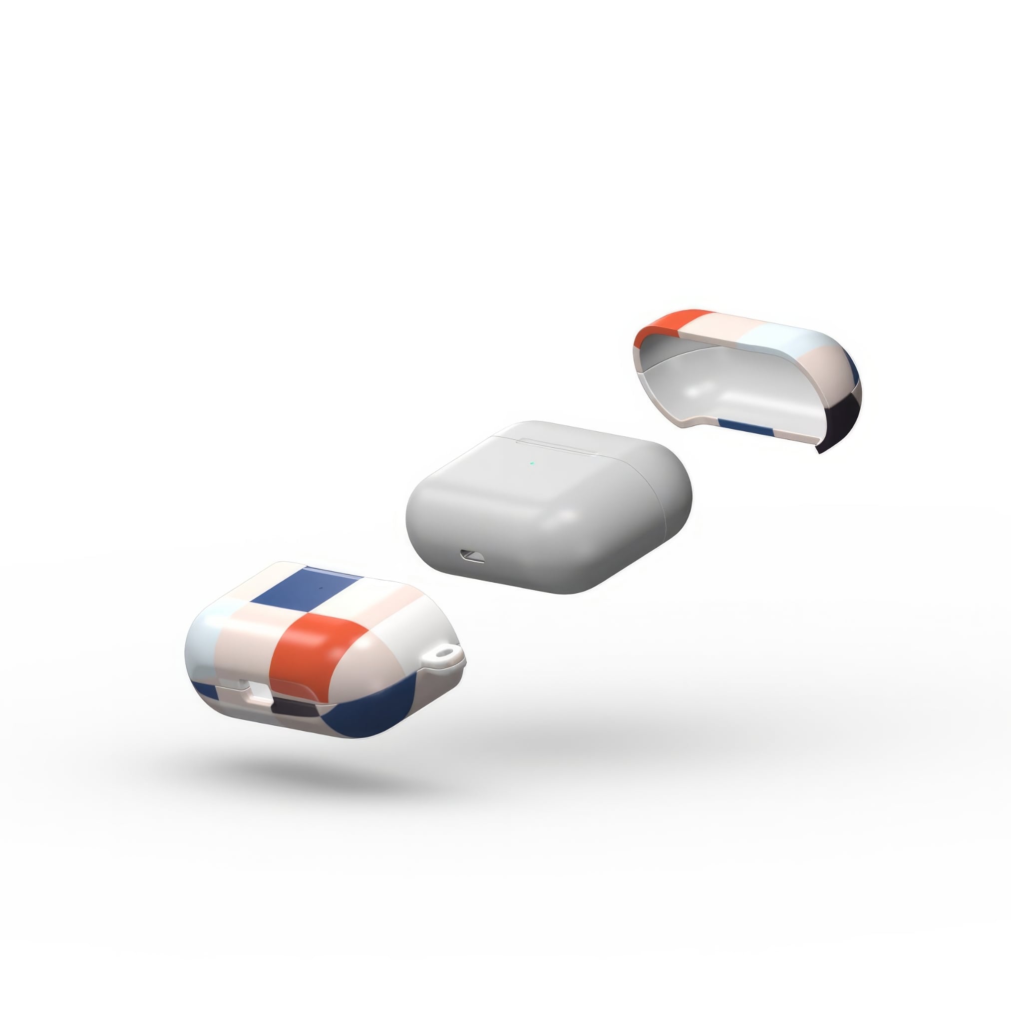 AirPods Pro ultra thin hard shell tough case Pixel Grid Blue pattern design with a bold color blocks in pixel and stripes modern style, featuring an elegant and expressive aesthetic design. Main colors are pink, navy, orange red and light sky blue. Extend view.