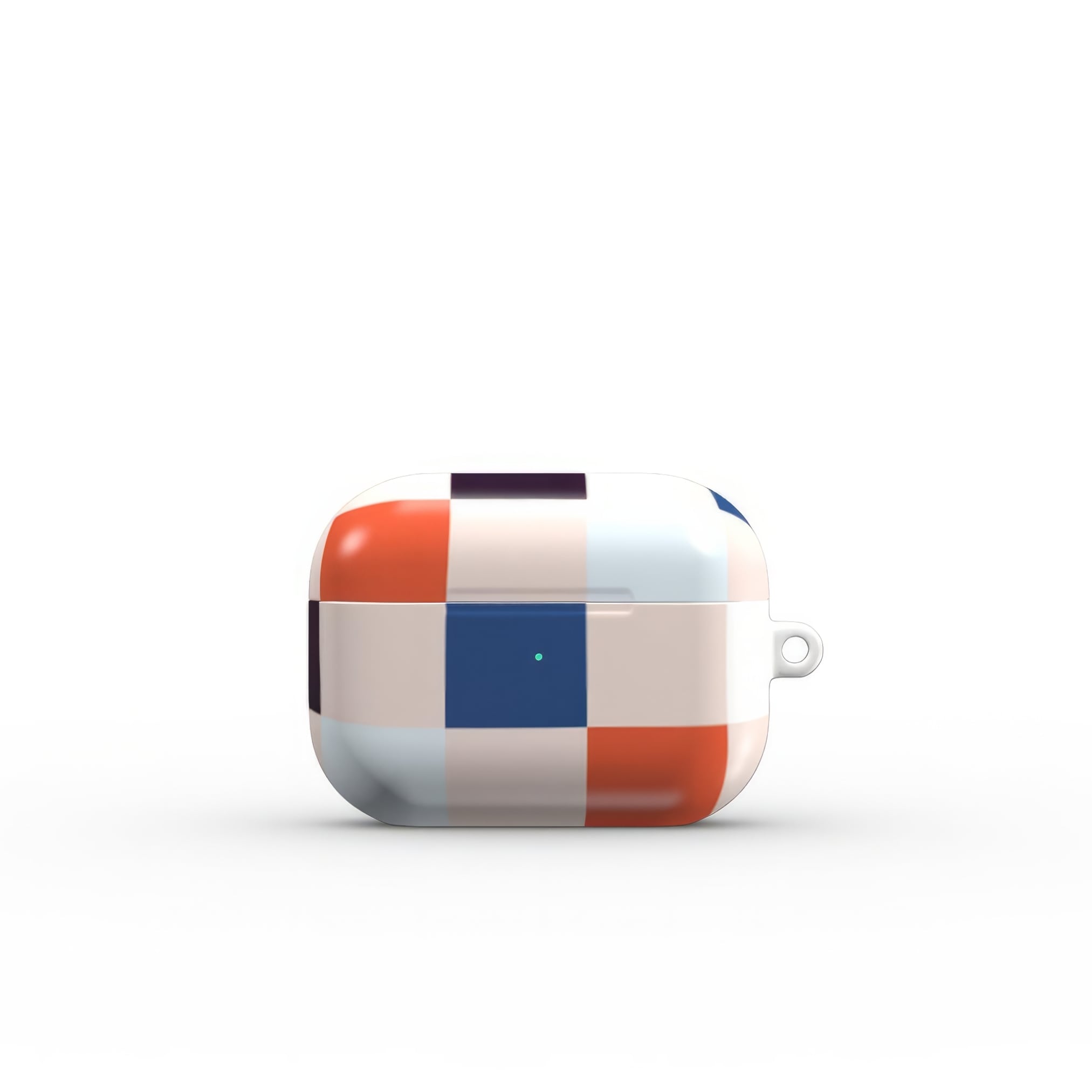 AirPods Pro ultra thin hard shell tough case Pixel Grid Blue pattern design with a bold color blocks in pixel and stripes modern style, featuring an elegant and expressive aesthetic design. Main colors are pink, navy, orange red and light sky blue. Closed front view.