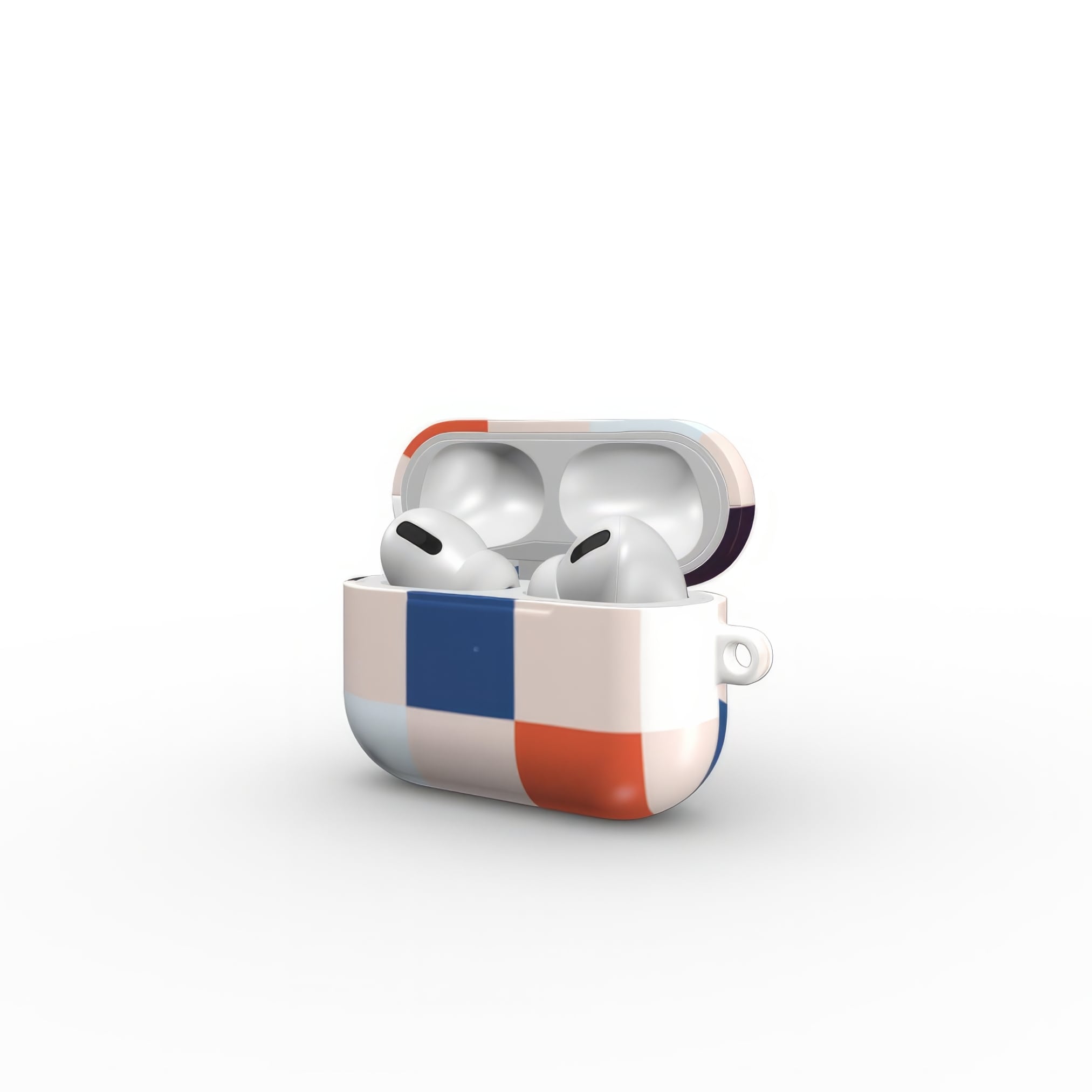 AirPods Pro ultra thin hard shell tough case Pixel Grid Blue pattern design with a bold color blocks in pixel and stripes modern style, featuring an elegant and expressive aesthetic design. Main colors are pink, navy, orange red and light sky blue. Open side view.