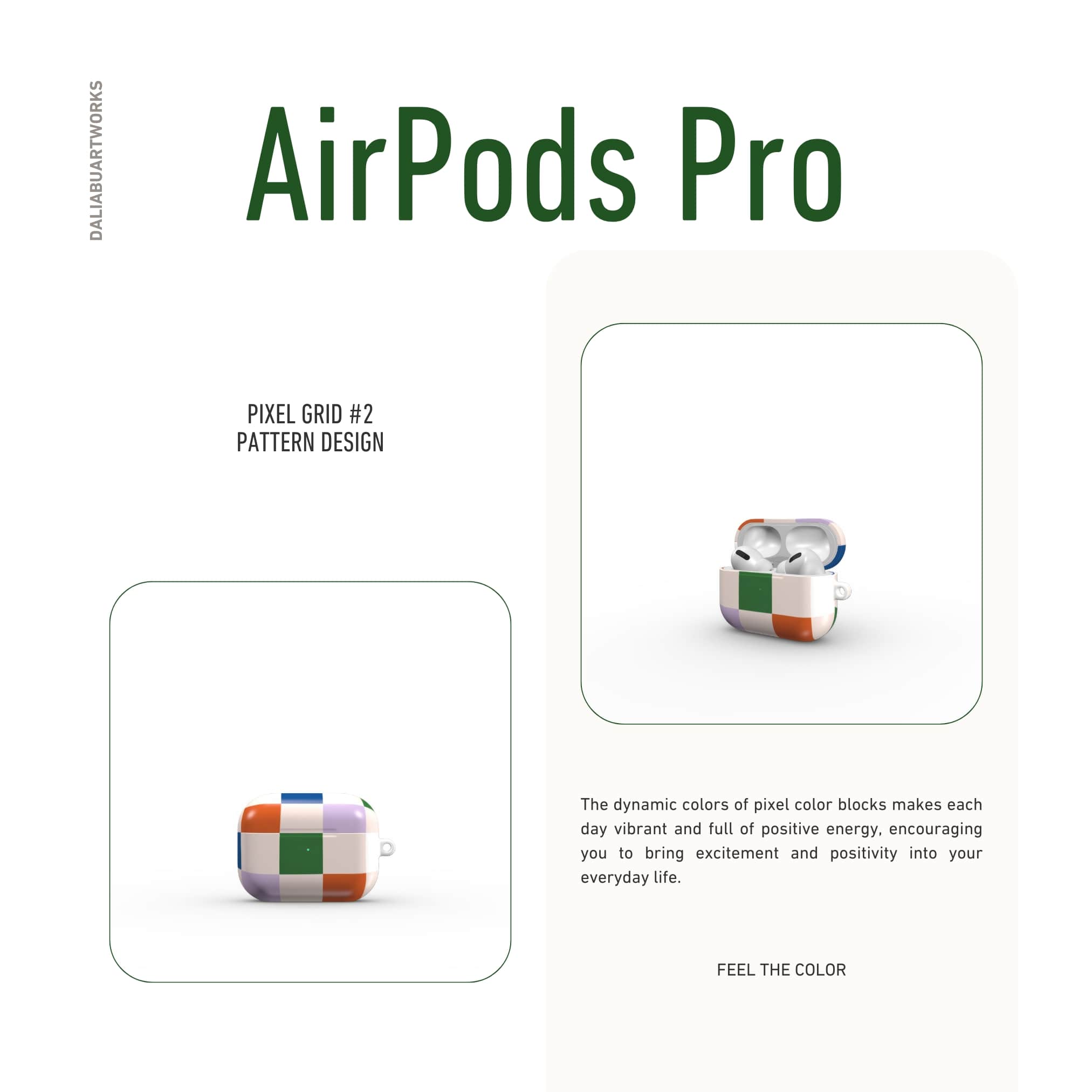 AirPods Pro case Pixel Grid Multi pattern design with a bold color blocks in pixel and stripes modern style, featuring an elegant and expressive aesthetic design. Main colors are rich orange, blue, lilac and green. Front view.