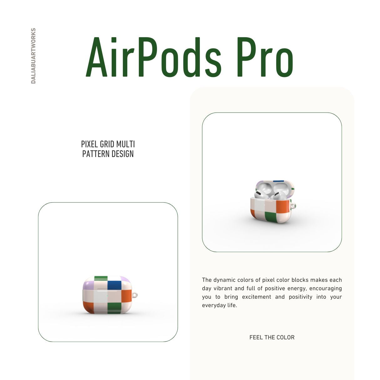 AirPods Pro case Pixel Grid Multi pattern design with a bold color blocks in pixel and stripes modern style, featuring an elegant and expressive aesthetic design. Main colors are rich orange, blue, lilac and green. Front view.