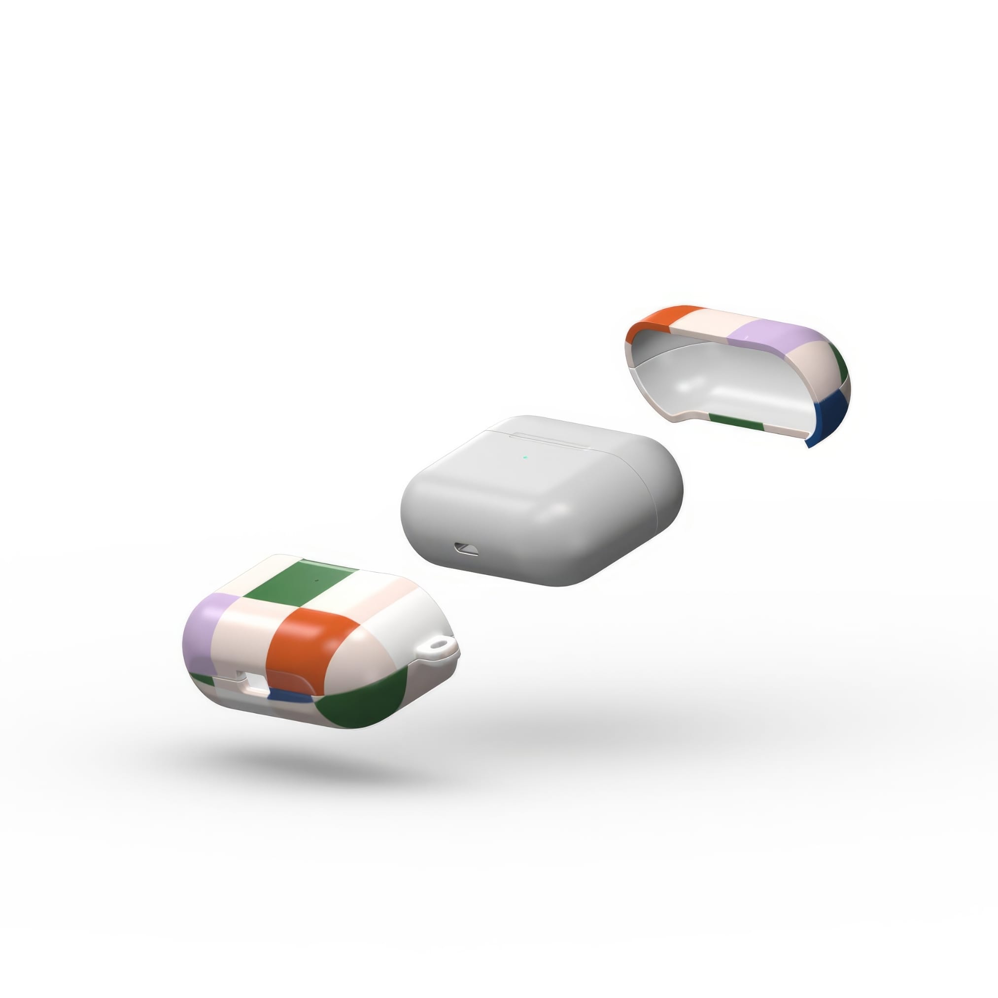 AirPods Pro case Pixel Grid Multi pattern design with a bold color blocks in pixel and stripes modern style, featuring an elegant and expressive aesthetic design. Main colors are rich orange, blue, lilac and green. Extend view.
