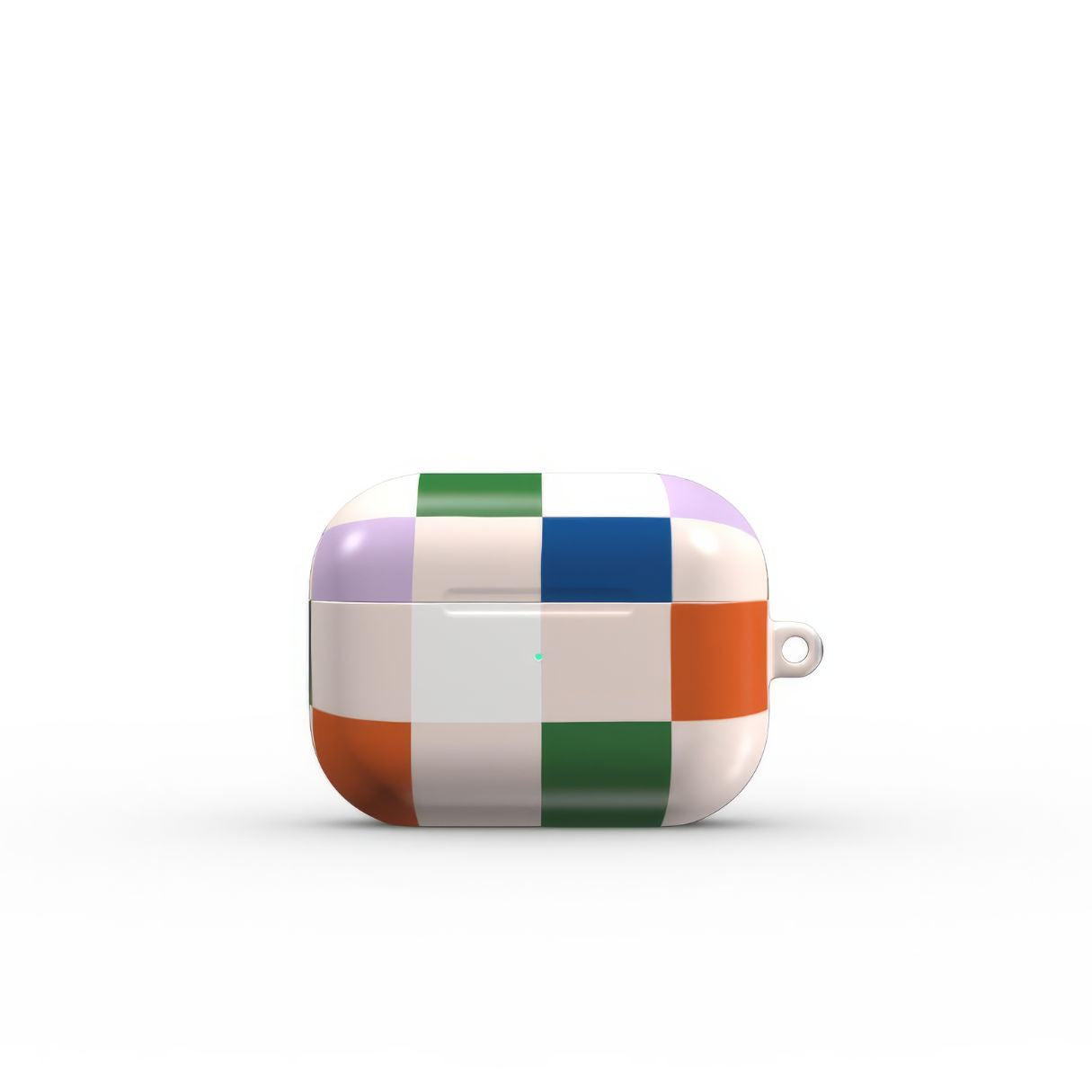 AirPods Pro case Pixel Grid Multi pattern design with a bold color blocks in pixel and stripes modern style, featuring an elegant and expressive aesthetic design. Main colors are rich orange, blue, lilac and green. Front view.