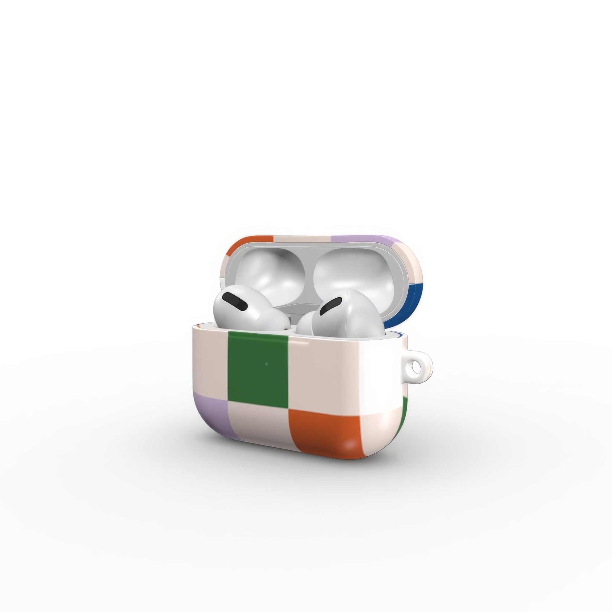 AirPods Pro case Pixel Grid Multi pattern design with a bold color blocks in pixel and stripes modern style, featuring an elegant and expressive aesthetic design. Main colors are rich orange, blue, lilac and green. Open view.
