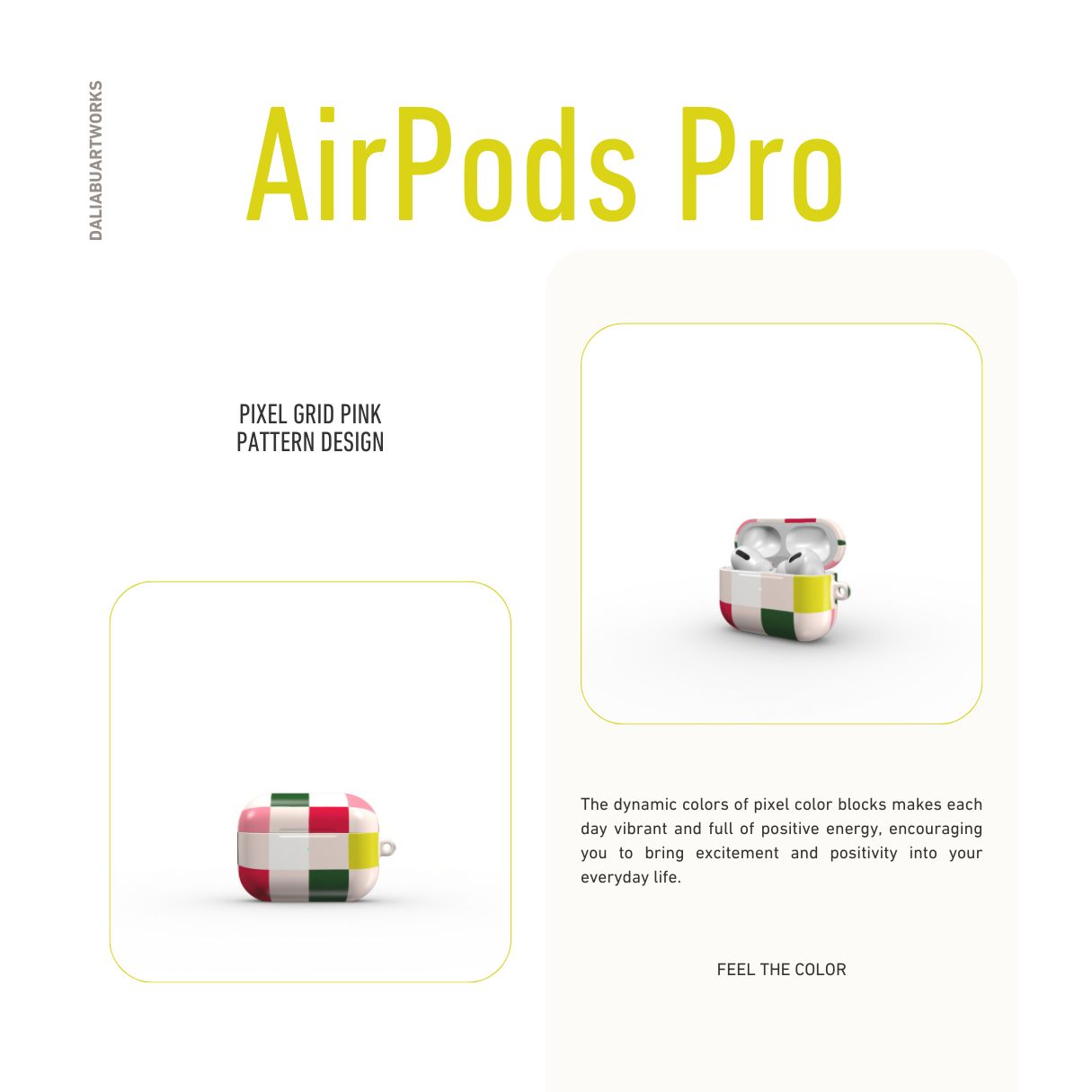 Apple AirPods Pro tough case Pixel Grid Pink pattern design with a bold color blocks in pixel and stripes modern style, featuring an elegant and expressive aesthetic design. Main colors are rich red, pink yellow and green. Front view.