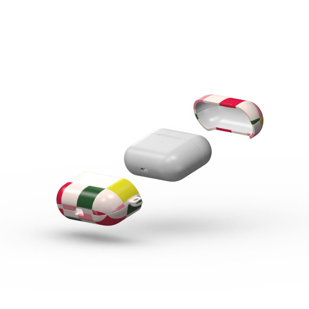 Apple AirPods Pro tough case Pixel Grid Pink pattern design with a bold color blocks in pixel and stripes modern style, featuring an elegant and expressive aesthetic design. Main colors are rich red, pink yellow and green. Extend view.