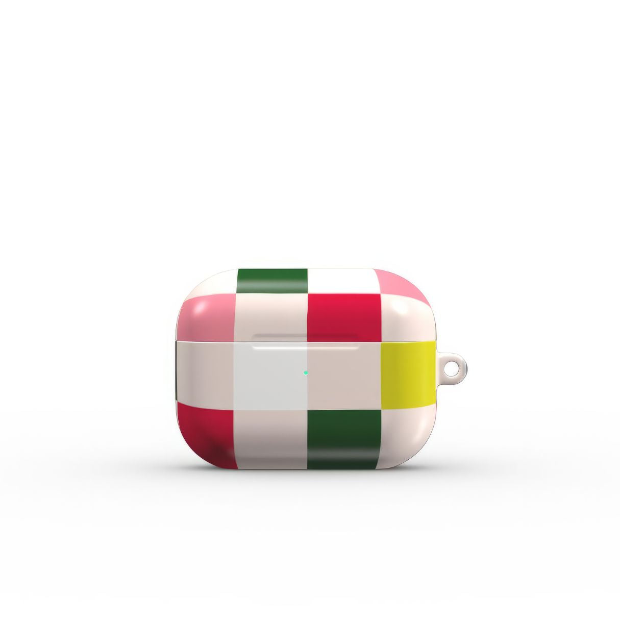 Apple AirPods Pro tough case Pixel Grid Pink pattern design with a bold color blocks in pixel and stripes modern style, featuring an elegant and expressive aesthetic design. Main colors are rich red, pink yellow and green. Front view.