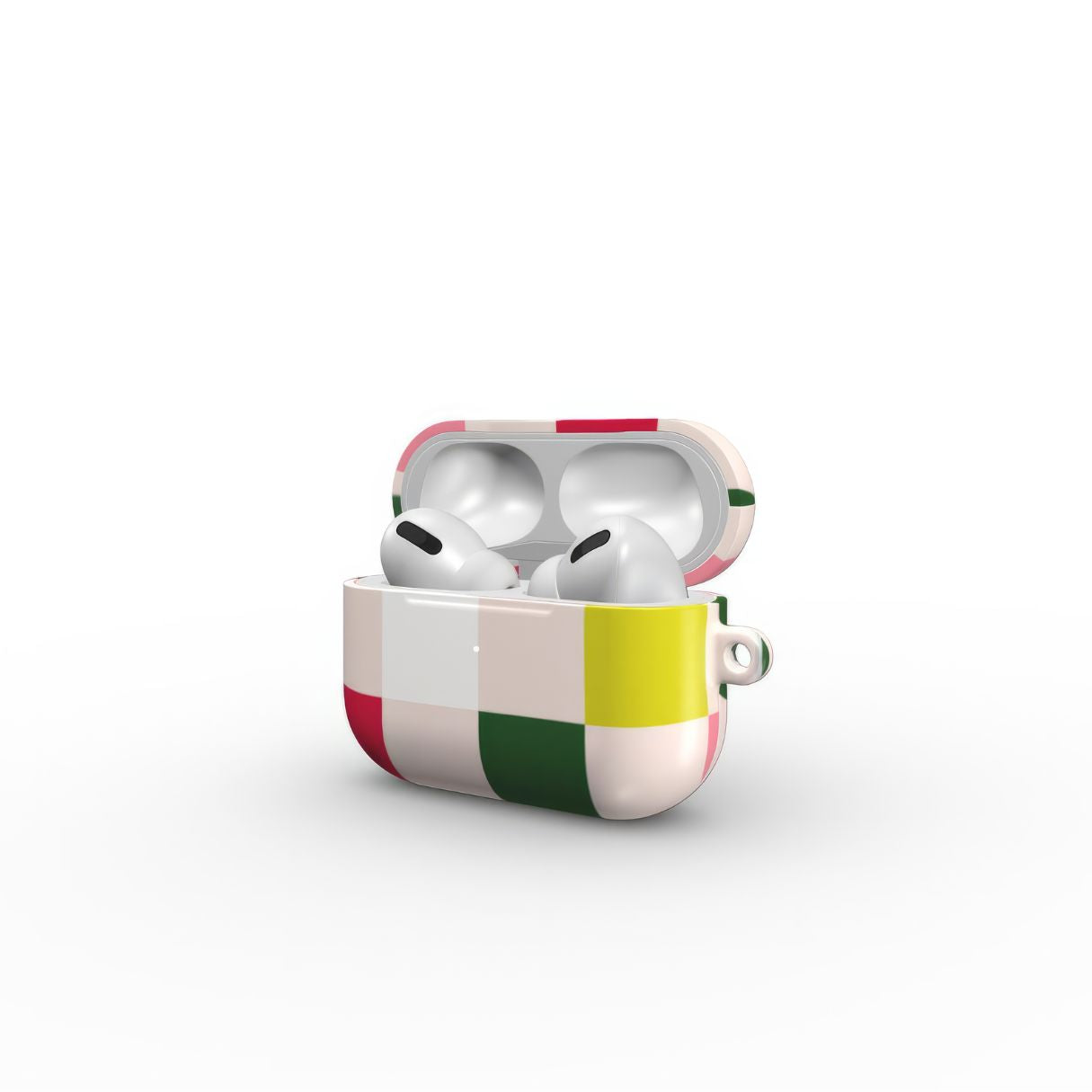 Apple AirPods Pro tough case Pixel Grid Pink pattern design with a bold color blocks in pixel and stripes modern style, featuring an elegant and expressive aesthetic design. Main colors are rich red, pink yellow and green. Side open view.