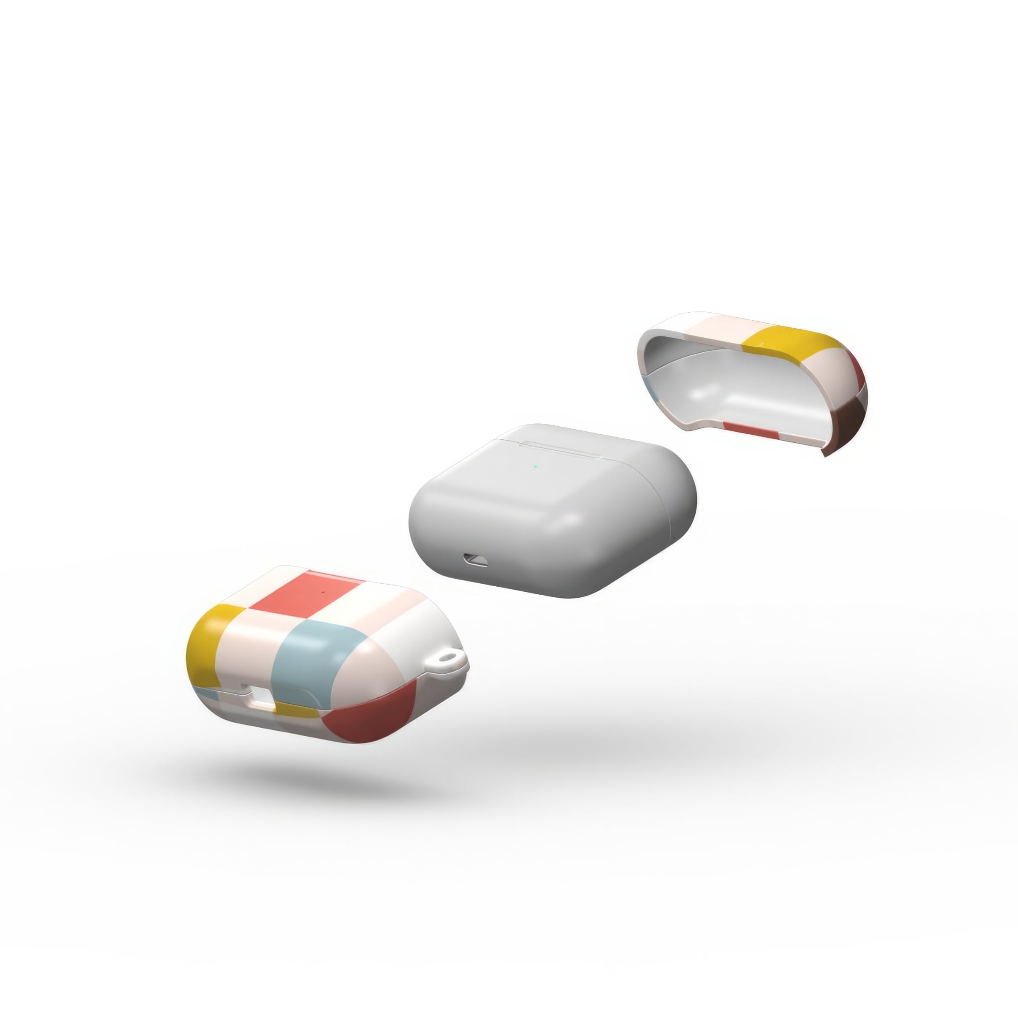 AirPods Pro tough case Pixel Grid Vintage pattern design with a bold color blocks in pixel and stripes modern style, featuring an elegant and expressive aesthetic design. Main colors are pastel with pink, brown, muted red and light sky blue. Extend view.